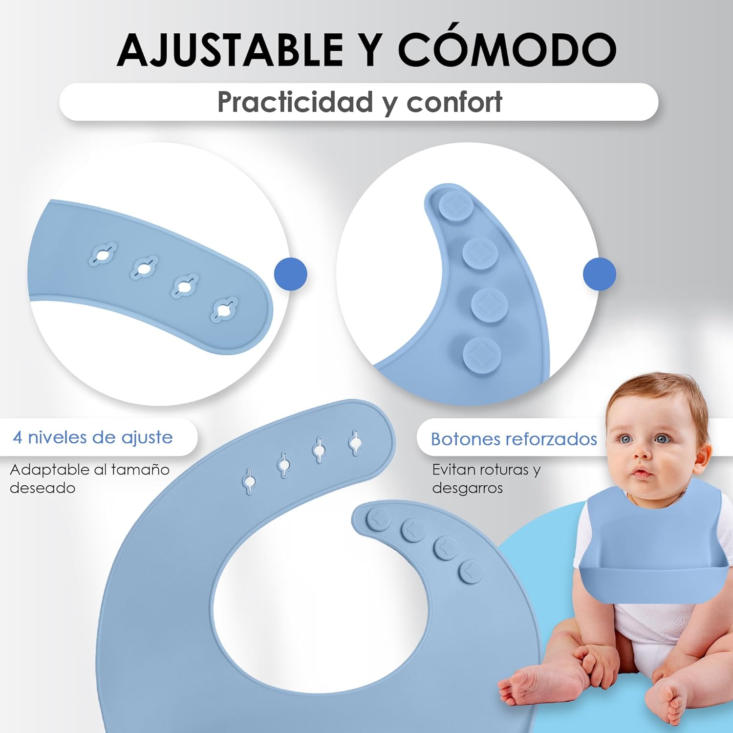 Imagen del producto - Bluet B Baby - Set de 3 Baberos Bebe Impermeables de Silicona - Babero Silicona Bebe libre de BPA - Flexible y Suave - Ajustable y Portable con Bolsillo Grande para Atrapar Comida