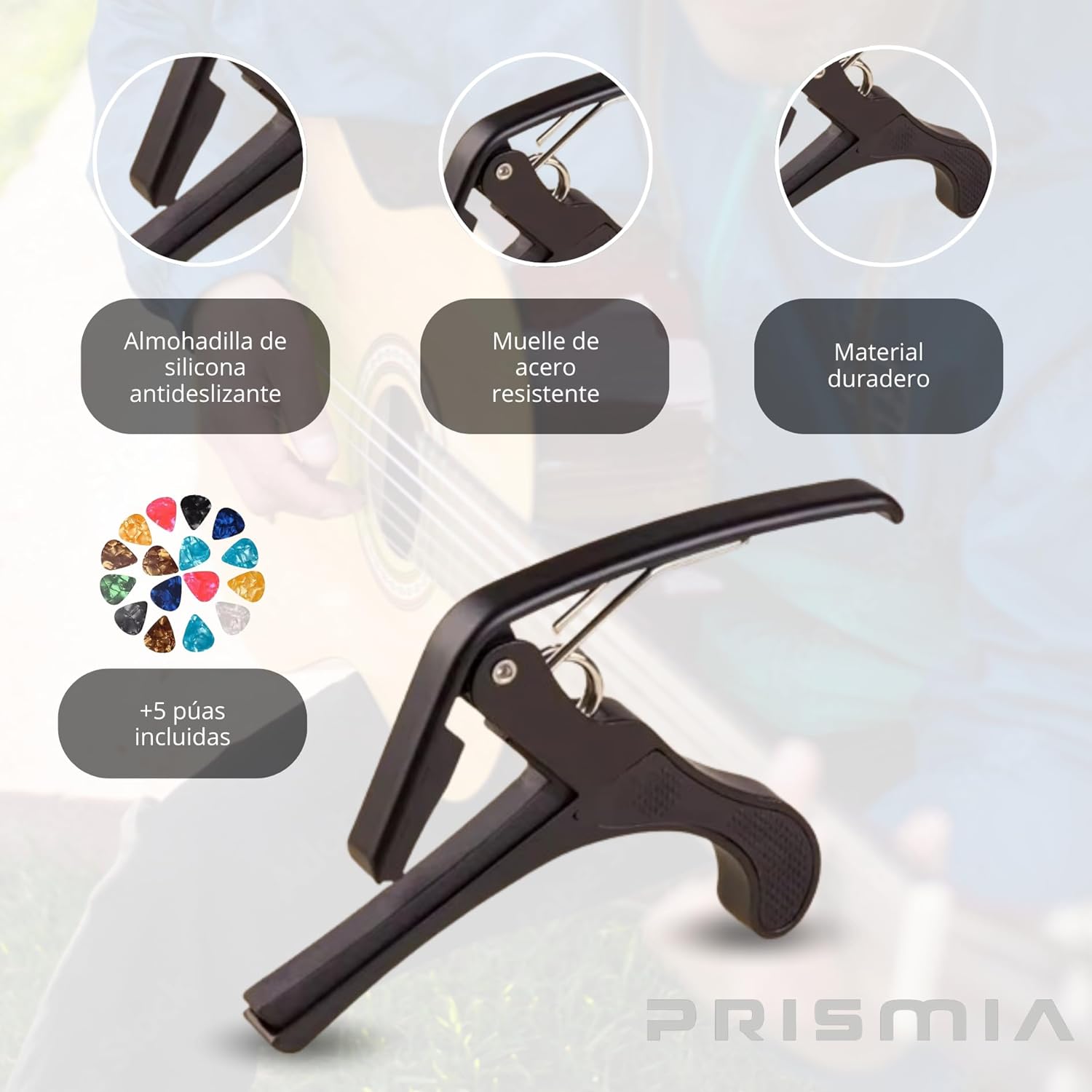 Imagen del producto - PRISMIA Cejilla Guitarra Española + 5 Púas - Capo para Guitarra - Cejilla Guitarra Acustica, Electrica, Flamenco, Ukelele - Guitar Capo - Accesorios Guitarra Española