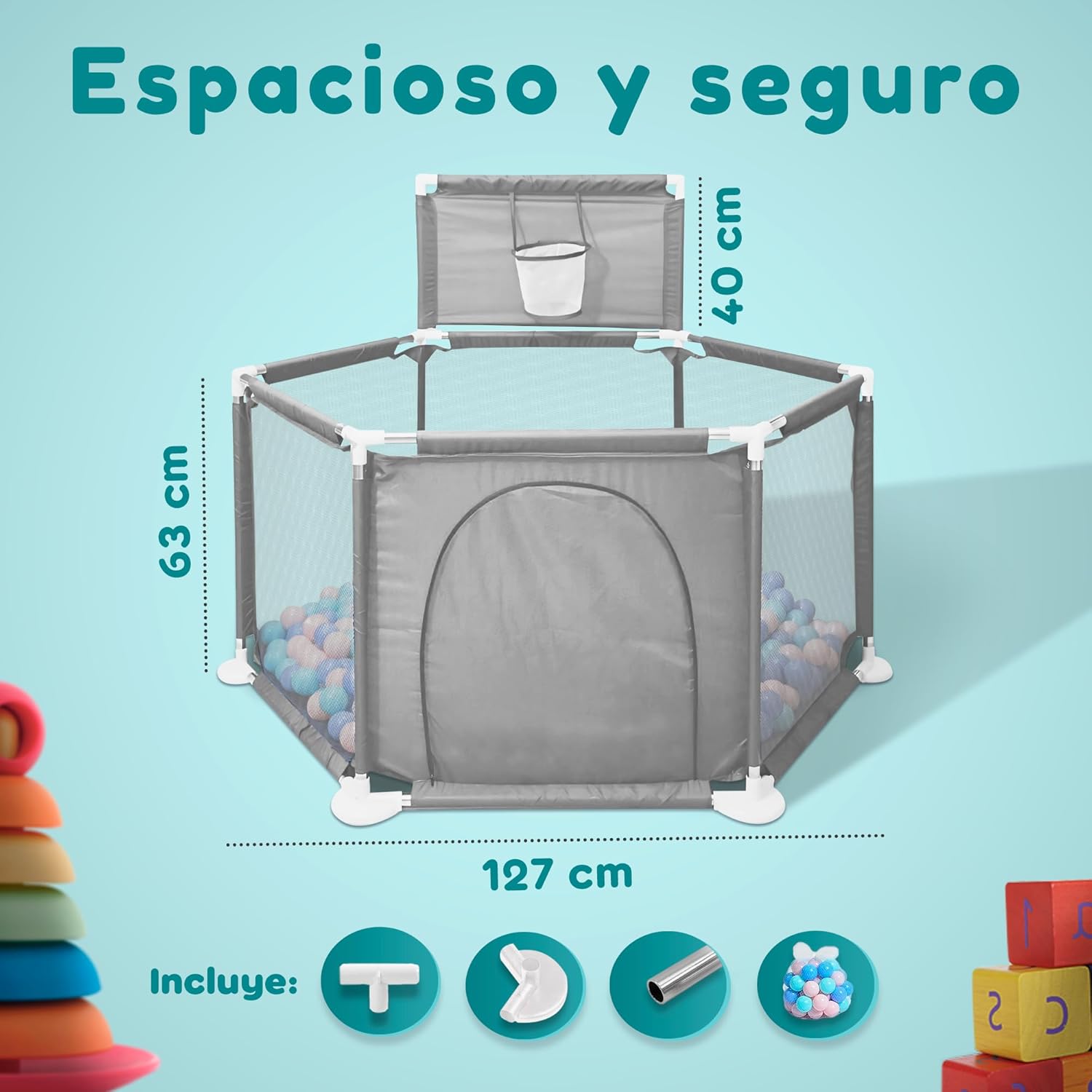 Imagen del producto - JUPPLIES Parque Infantil Bebe 127x127cm Hexagonal – Corralito Bebe con Malla Transpirable – Parque de Juegos Bebe Plegable con Puerta Lateral – Playpen Bebe sin Pelotas