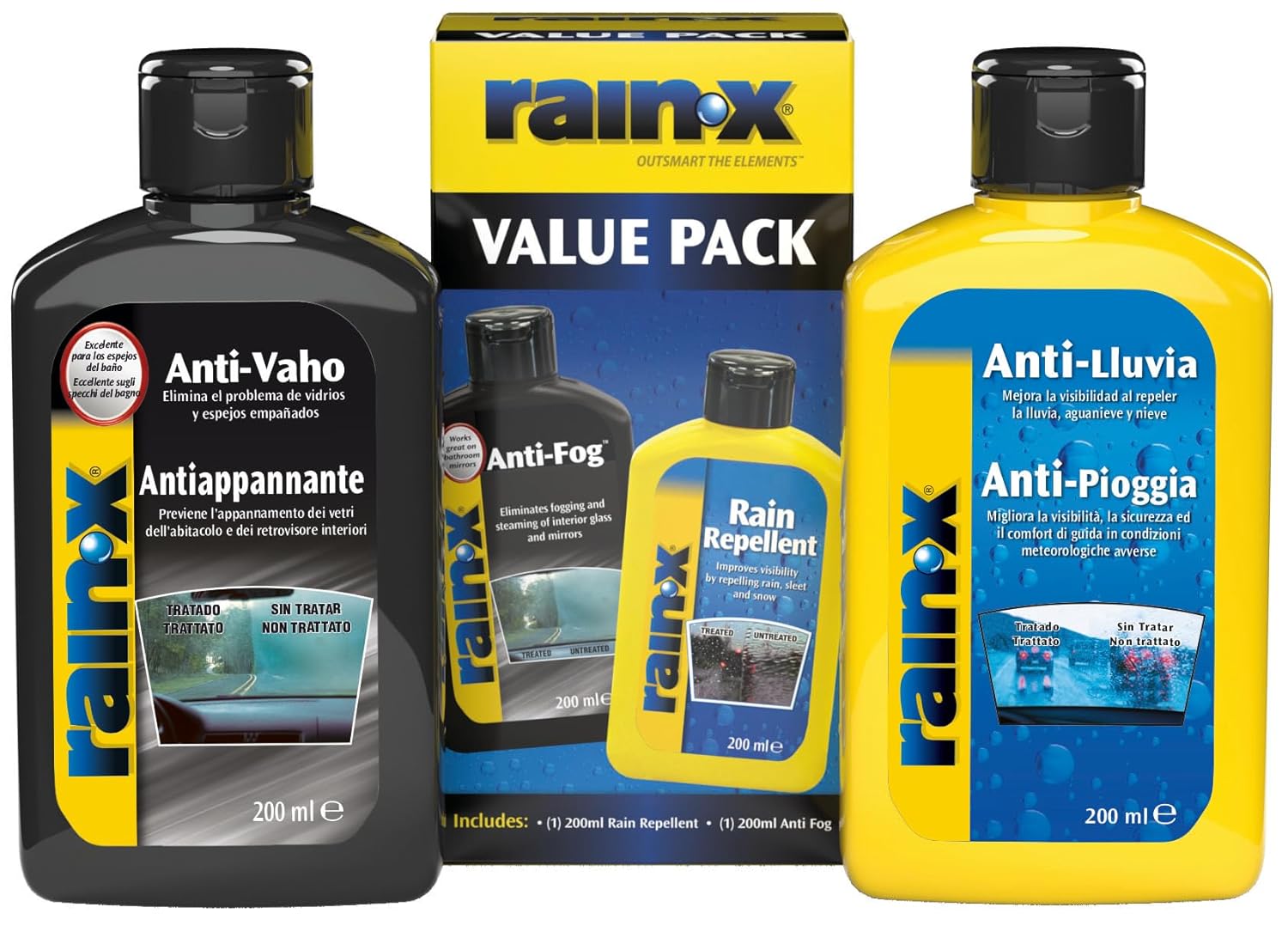 Rain-X Pack Tratamiento Antilluvia y Antivaho para Parabrisas y Ventanas de Coche, Apto para Baños, 200 ml