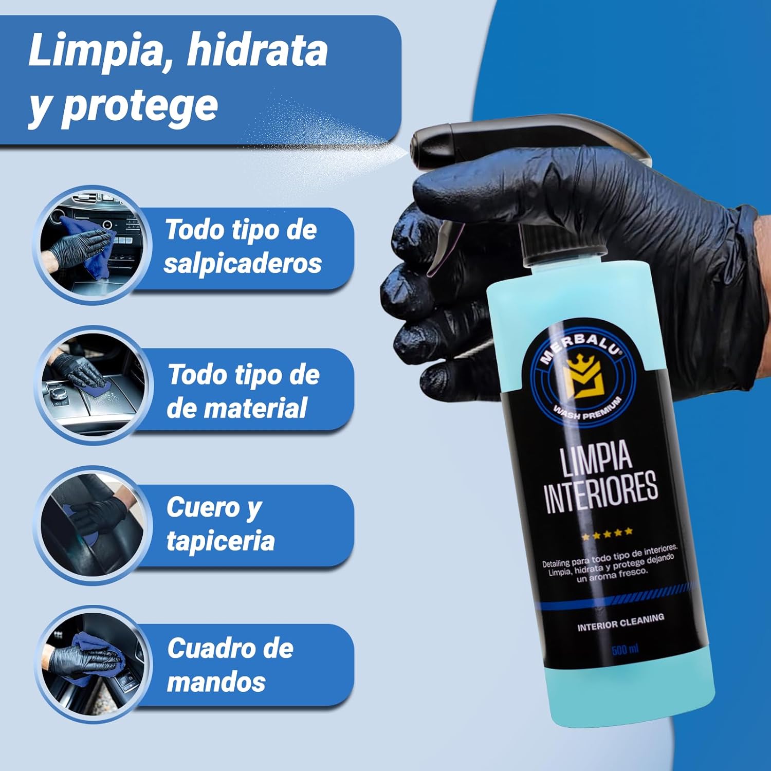 Imagen del producto - Merbalu Limpia salpicaderos Coche Limpia Interiores Protector e hidratante Limpieza para Todo el Interior del vehículo Anti Polvo 500ml. Bayeta de Microfibra incluida.