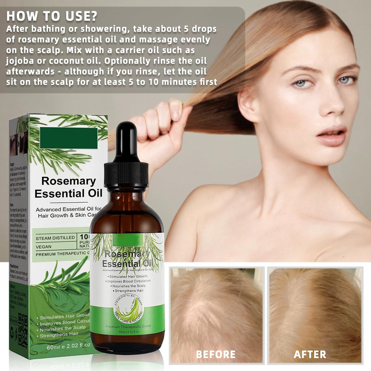 Imagen del producto - Aceite de Romero Para el Cabello, Orgánico Rosemary Oil Para el Cuidado de La Piel, Pestañas, Nutre el Cuero Cabelludo, Estimula el Crecimiento del Cabello, Rosemary Oil Para Mujeres y Hombres 60ML.