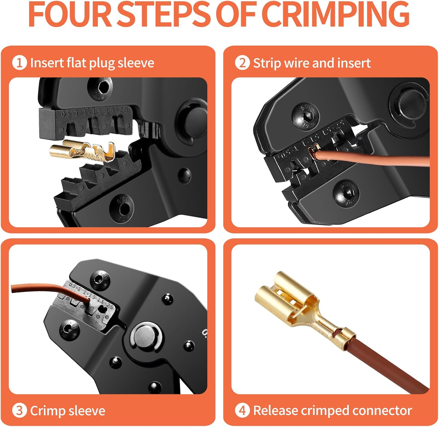 Imagen del producto - PotentForce Crimpadora terminales eléctricos 0.5-2.5mm²(AWG20-13),con 300 juegos de Terminales eléctricos planos,Alicates de crimpar para tres tamaños de Terminales cables eléctricos