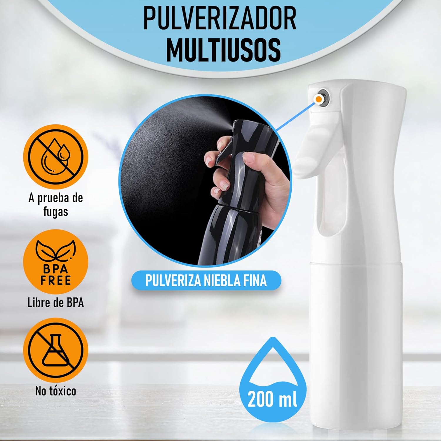 Imagen del producto - REYROD Bote Spray Pulverizador (BLANCO), Pulverizador de Agua Niebla Fina 200 ml, Pulverizador agua Peluquería, Pulverizador Continuo, Spray para el Pelo, para Mascota, para Plantas, para Limpieza