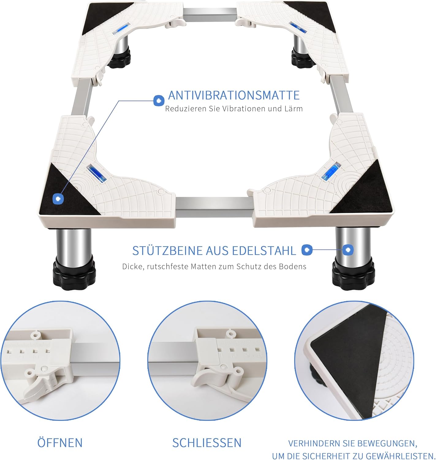 Imagen del producto - Soporte Lavadora Soporte de lavadora ajustable de acero inoxidable, base lavadora 43 – 65 cm, para frigorífico, lavadora, rockero, congelador