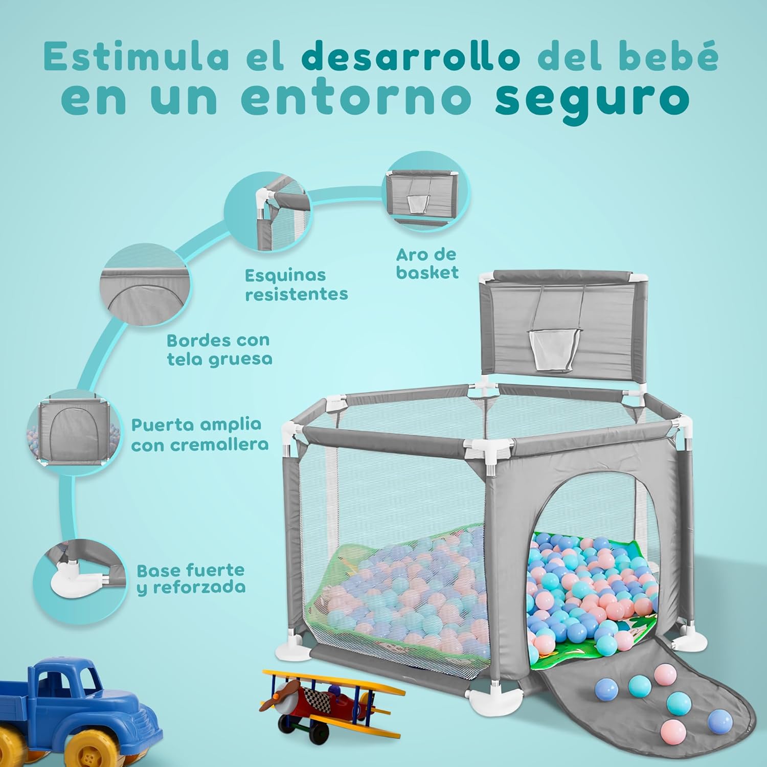 Imagen del producto - JUPPLIES Parque Infantil Bebe 127x127cm Hexagonal – Corralito Bebe con Malla Transpirable – Parque de Juegos Bebe Plegable con Puerta Lateral – Playpen Bebe sin Pelotas