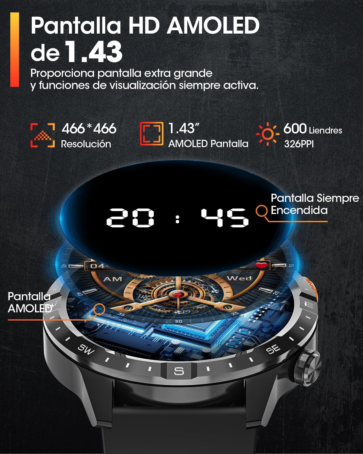 Imagen del producto - 2024 Reloj Inteligente Hombre, 1.43" AMOLED Smartwatch con Llamadas, 24/7 Pulsómetro SpO2, Monitor de Sueño, Podómetro, 450mAh IP68 Impermeable Pulsera Actividad 70+ Modos Deportivos Android iOS Negro