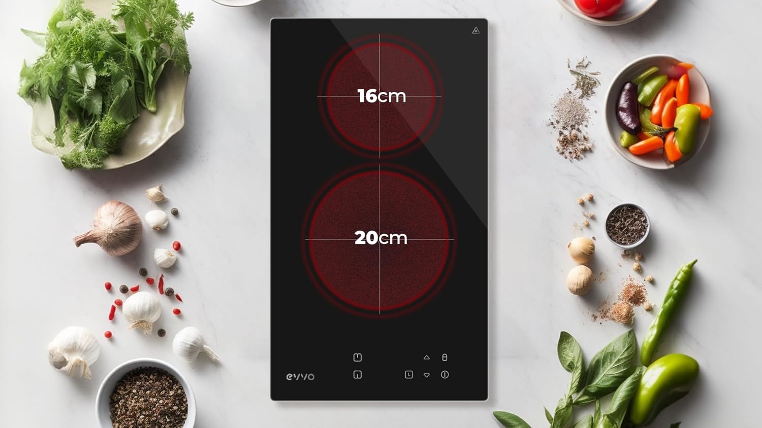 Imagen del producto - EVVO Placa Vitrocerámica 2 Fuegos de cocinado, Potencia máxima 3.000W, Bloqueo Infantil, 9 niveles de Potencia, Máx Diámetro 18 cm, Control Táctil, Apagado Automático, Indicador de Calor (Modelo: V30)