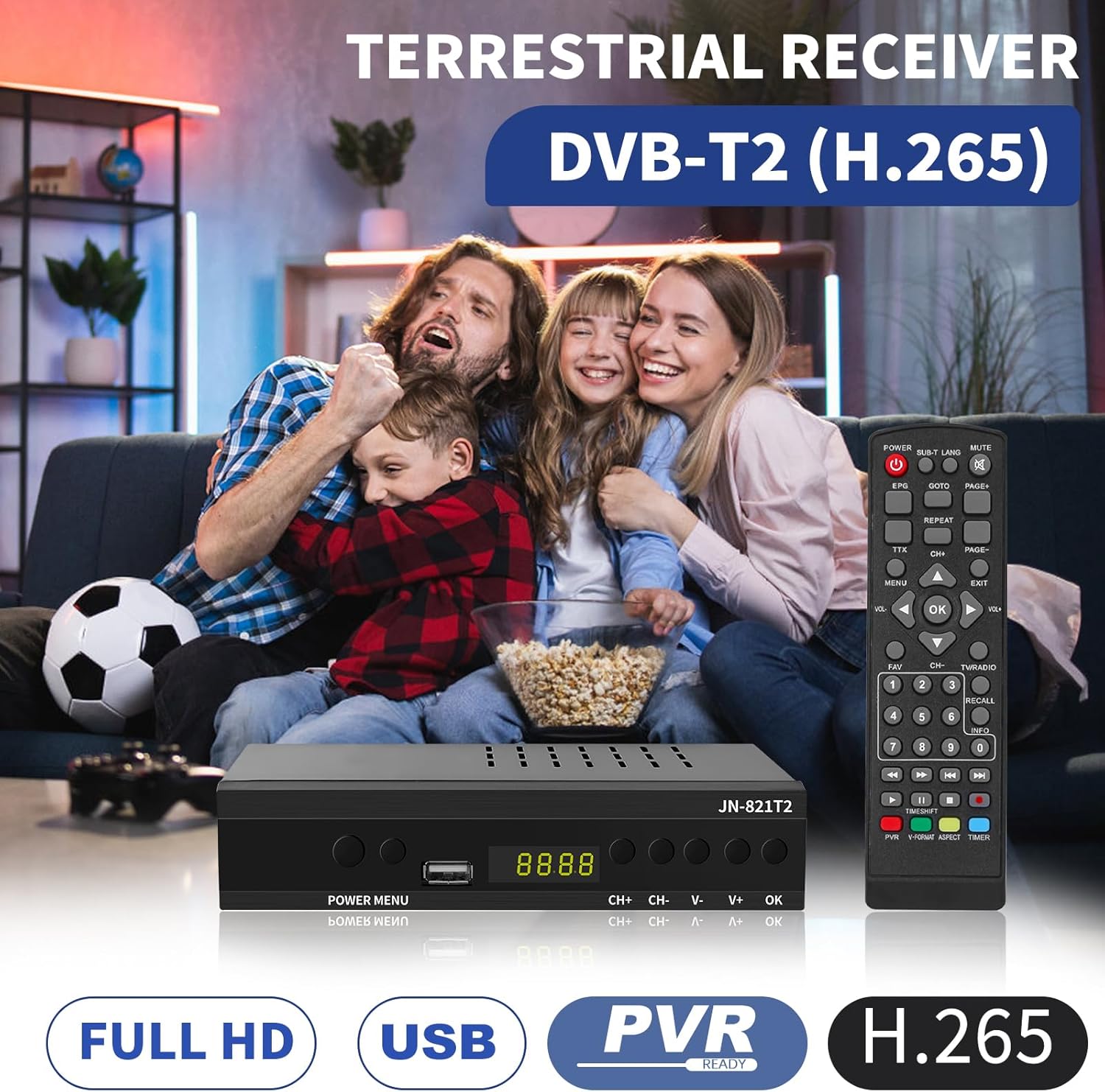 Imagen del producto - TDT HD Receptor, Decodificador Terrestre, TDT Full HD -DVB-T2 - Compatible con HEVC265 - Digital Full HD 1080p/ Dolby/MPEG-2/4, H.265, HD, DVB-T2