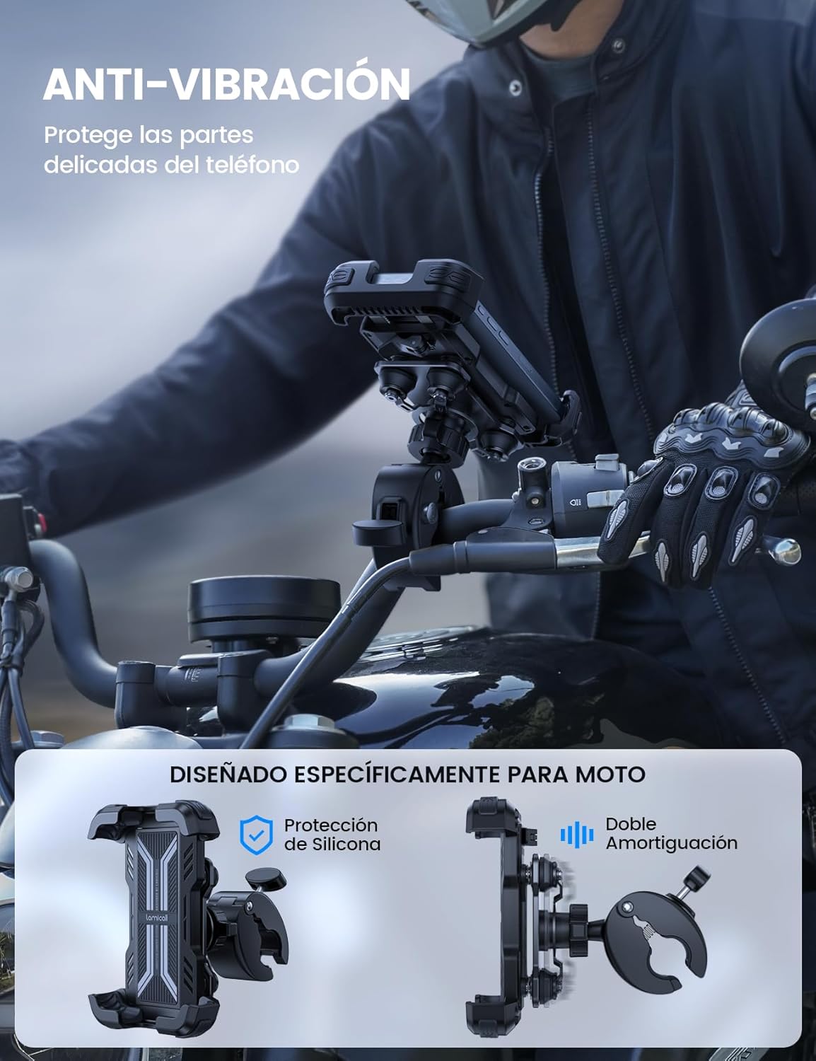 Imagen del producto - Lamicall Soporte Móvil Moto Antivibración - [con Doble Amortiguador] 360°Rotación, 1S Liberación con un Botón, Soporte Teléfono Bicicleta para iPhone 15 14 13 12 11Series, Huawei, 4,7-6,8” Smartphone