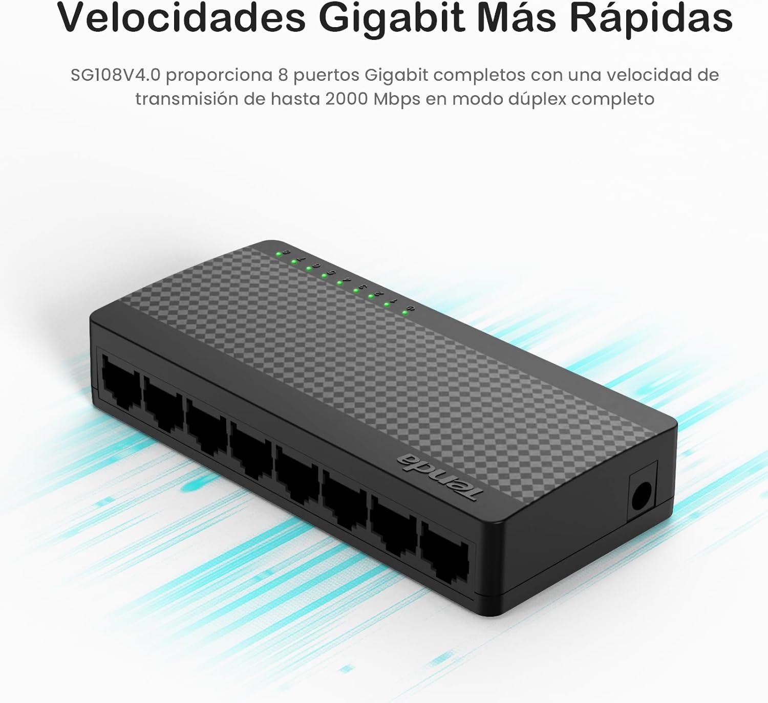 Imagen del producto - Tenda SG108V4.0 Switch Ethernet Gigabit de 8 Puertos, 10/100/1000 Mbps, RJ45, IEEE 802.3X, MDI/MDIX Automático, Modo Dúplex Completo, Plug y Play, No administrado, Sin Configuración, Silencioso, Negro