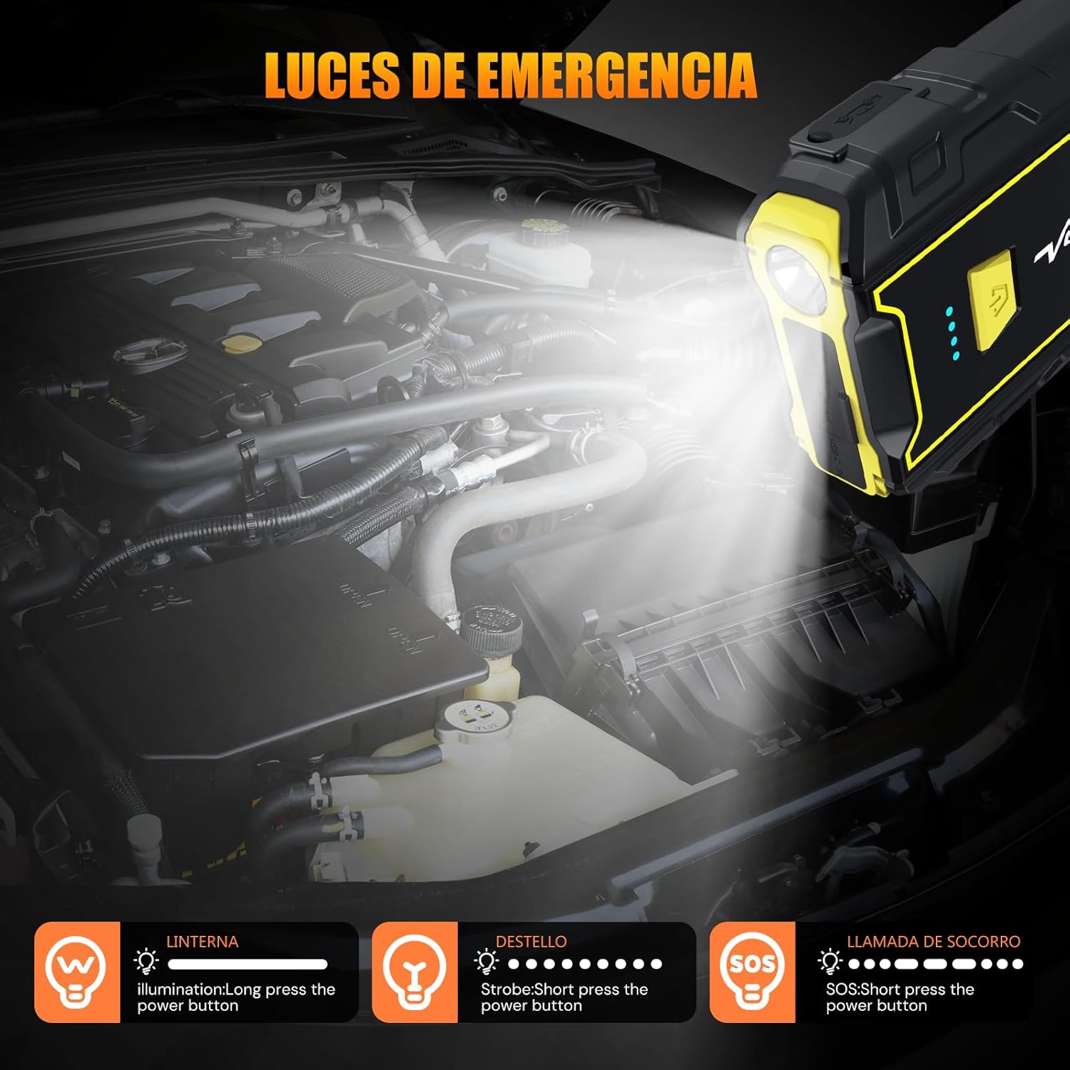 Imagen del producto - VoltSurge Arrancador de Coches,2000A Arrancador de Baterias de Coche (para 7L Gasolina o 5.5L Diesel),con Dos Salidas