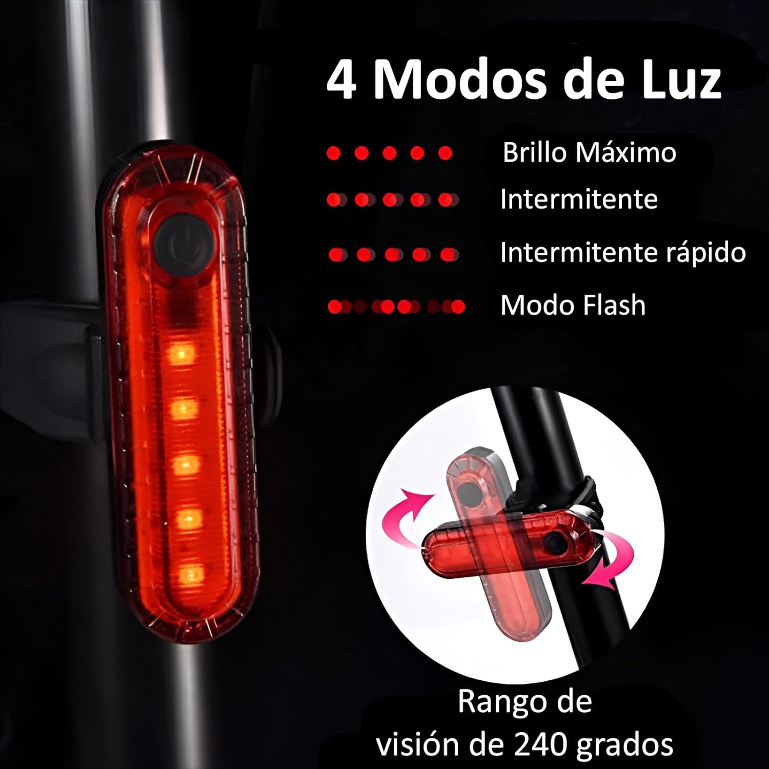 Imagen del producto - Luz Trasera Bicicleta - Luz Trasera Bici de Seguridad - Ultra Brillante Luz 5LED con USB Recargable-Fácil de Instalar 4 Modos De Luz-Resistencia al Agua IPX4-Luz Perros y Collares - Luz Senderismo