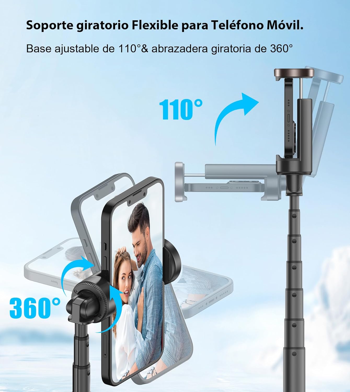 Imagen del producto - TONEOF 153cm Palo Selfie Trípode para Movil, Palo Tripode Giratorio de 360° Mejorado, Tripode Movil Extensible Todo en 1 Hecho de Aluminio con Control Remoto para iPhone y Android Teléfono-Negro Oro