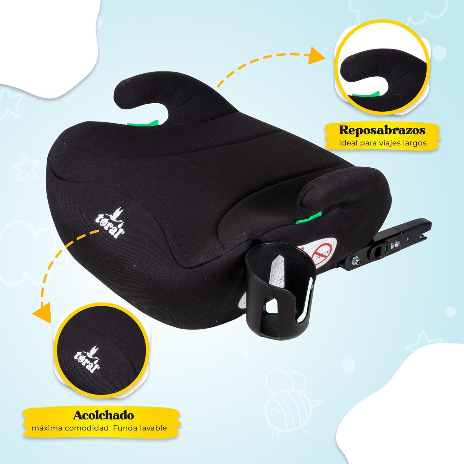 Imagen del producto - Toral - Alzador Coche Niño Isofix i-Size - Asiento Elevador Coche Niño con Isofix - Se puede utilizar también sin Isofix - Silla Coche grupo 1 2 3 - Modelo Mónaco Negro