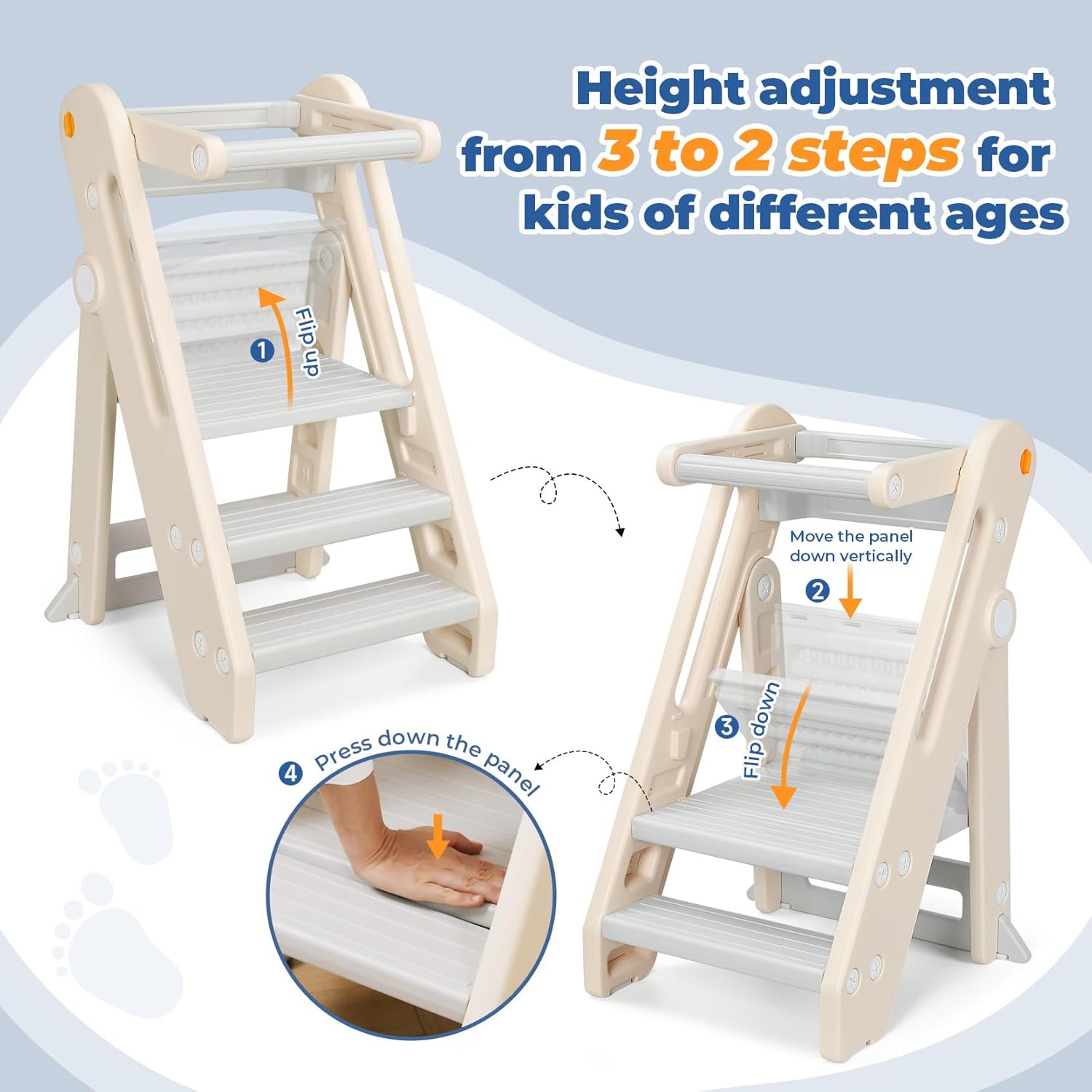 Imagen del producto - Onasti Torre de observación para niños, Torre de observación Montessori, Escalón para niños ajustable en altura de 2 a 3 escalones, Torre de aprendizaje Montessori, plegable, Seguridad, (Blanco crema)