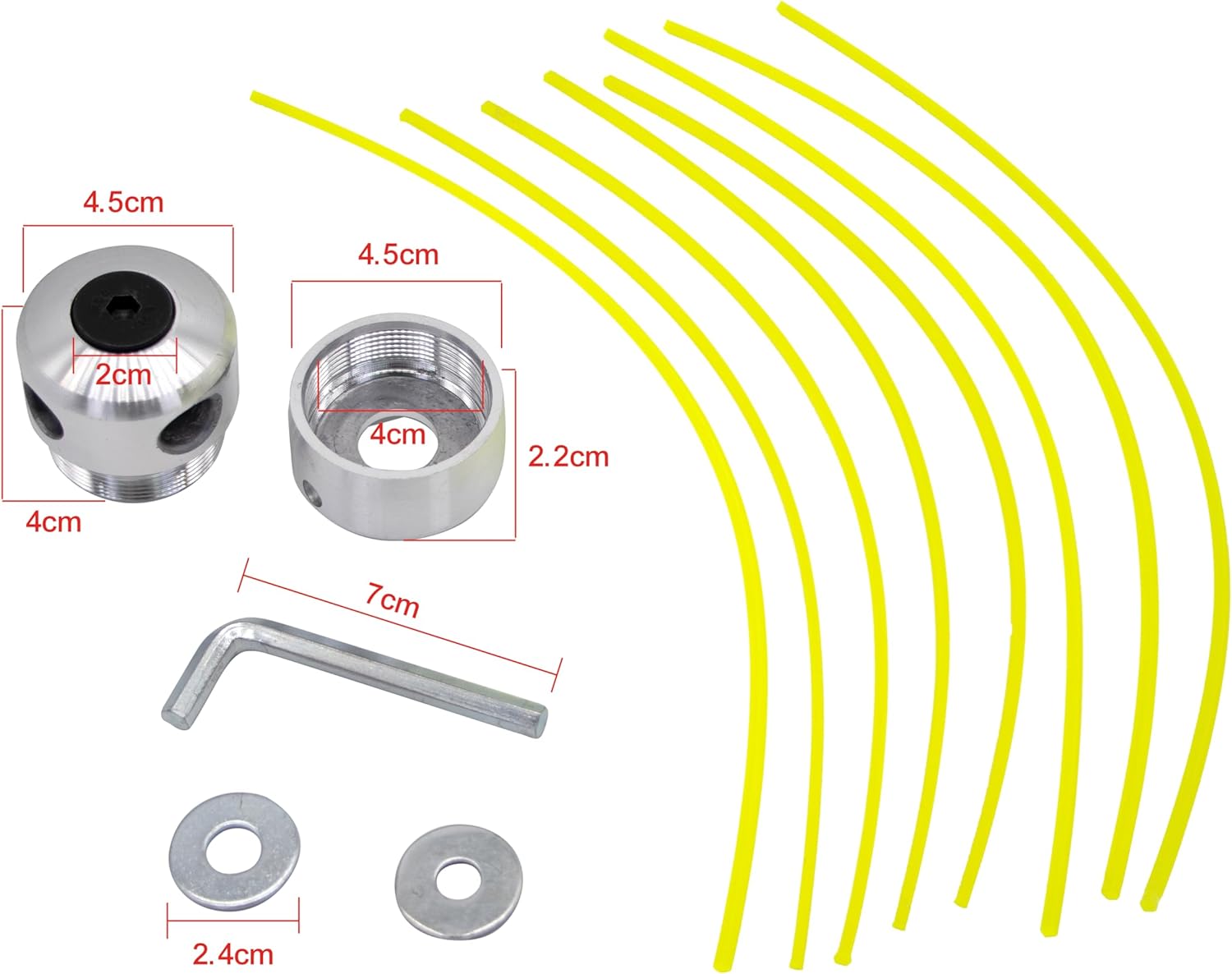 Imagen del producto - Cabezal desbrozadora con 8 hilos de repuesto . Pack Cabezal desbrozadora universal . hilo desbrozadora . Con herramientas y todos los accesorios de desbrozadora para su instalación. MERBALU .