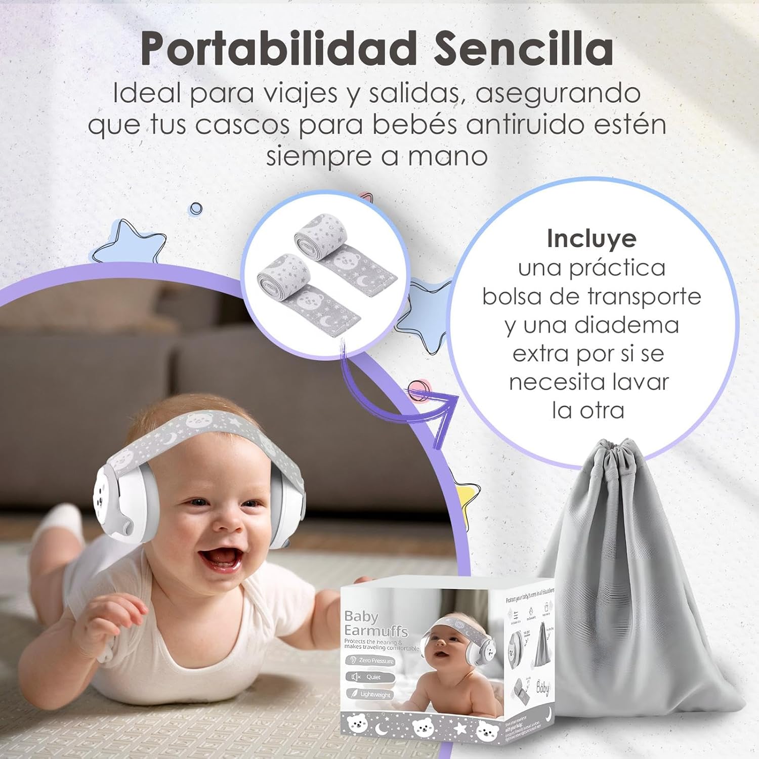 Imagen del producto - Cascos para bebé antiruido - Auriculares anti ruido para niños - Protector auditivo bebé 0 y 36 meses no ruido - Cascos para niños insonorizados - Auriculares con cancelación de ruido para bebés