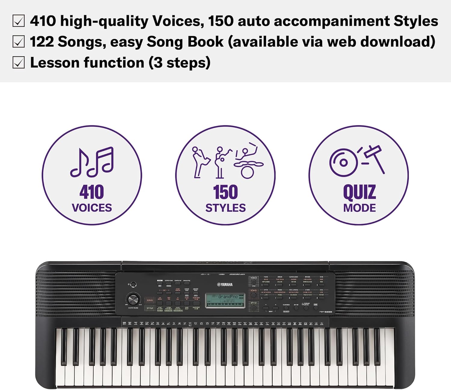 Imagen del producto - Yamaha PSR-E283 Teclado portátil para principiantes, con 410 voces de instrumentos, 150 estilos de acompañamiento y 122 canciones, incluye 2 clases online con un profesor de Yamaha Music School