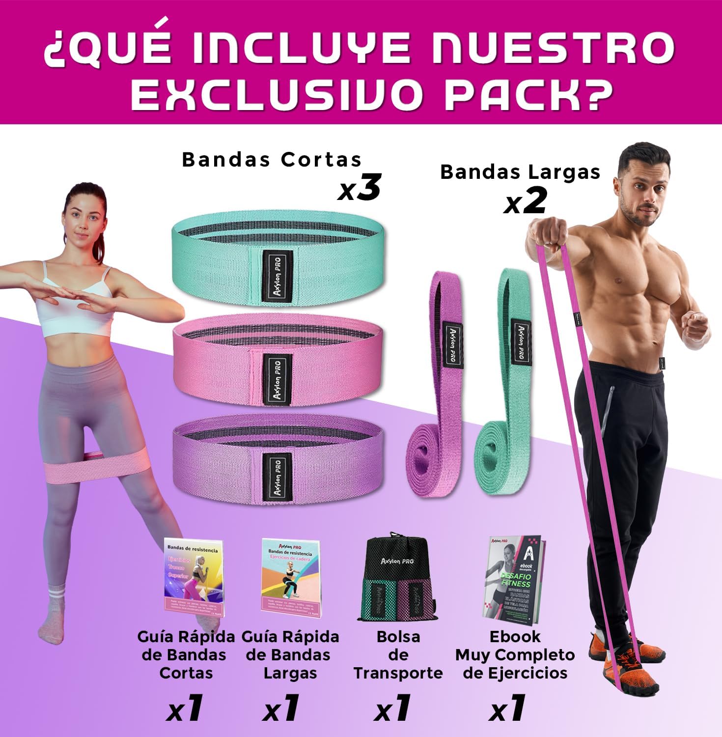 Imagen del producto - AXYLONPRO – Bandas Elasticas Musculación – Set de 5 Bandas de Resistencia Algodón (2 Largas + 3 Cortas) + 2 Guias Ejercicios + Bolsa Transporte – Cintas Elasticas Musculación – Cinta Elastica Fitness