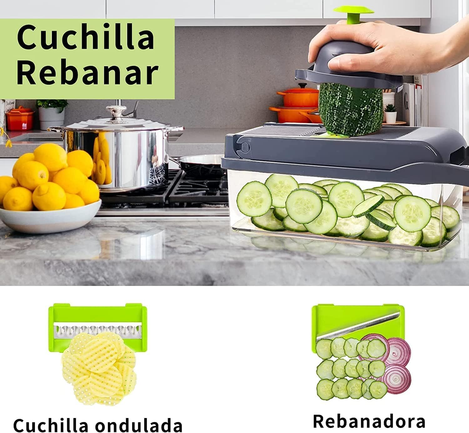 Imagen del producto - mandolina de cocina, cortador de verdura, rallado de verduras, accesorios de cocina, 8 accesorios cortador, Apto lavavajillas, accesorios cocina