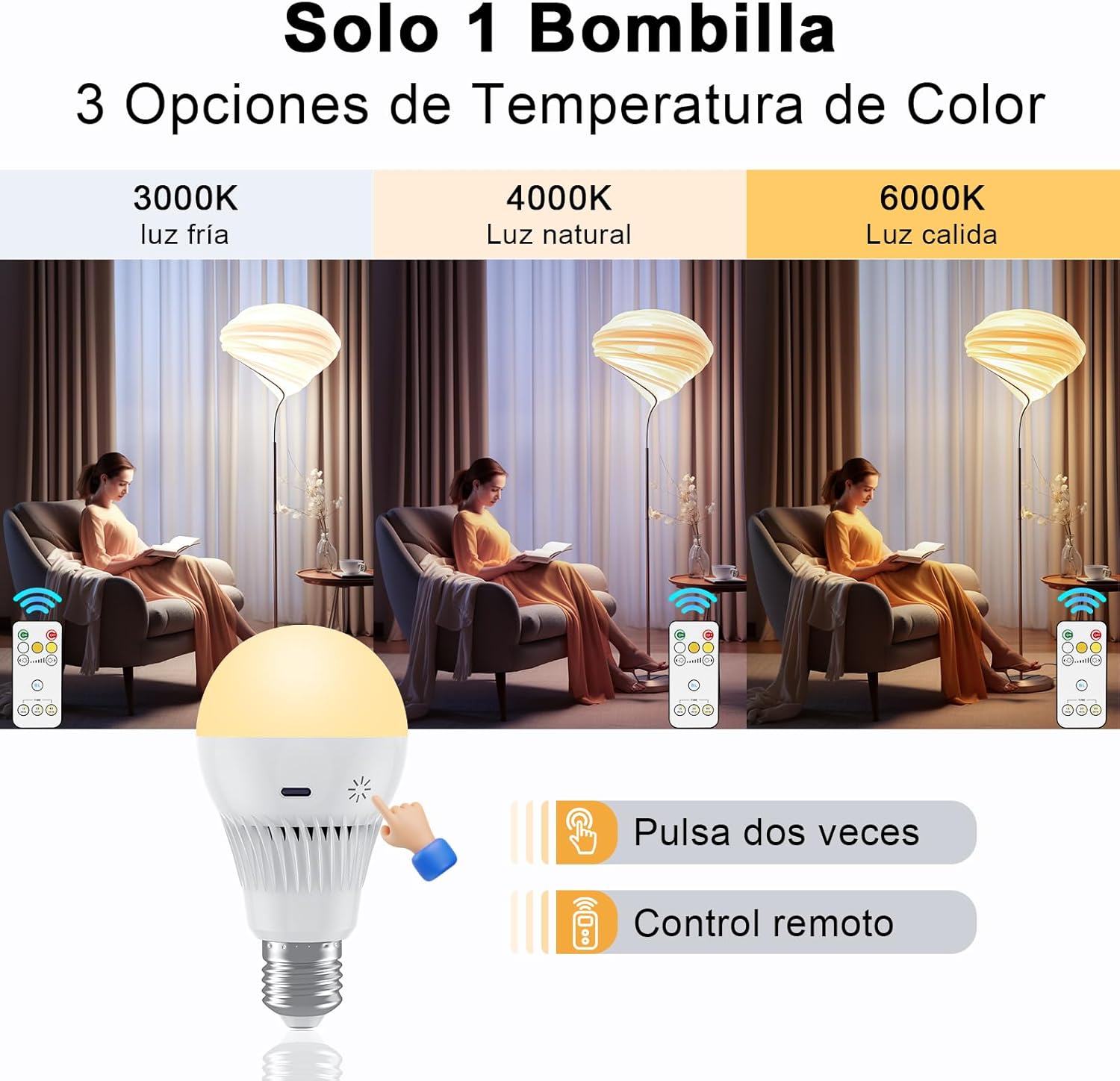 Imagen del producto - Bombilla Recargable USB C con Control Remoto, 9W E27 Bombilla LED con Mando con Control Táctil y Función de Temporización, 3 Temperaturas de Color, 3000mAh, Luz de Emergencia para Hogar y Exterior