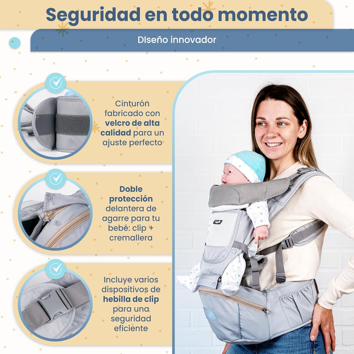 Imagen del producto - Quimets.Mochila portabebes .Portabebes ergonómico 6 en 1.Cómoda, ligera y transpirable.Porteo bebe.Porta bebes de 0 a 36 meses.De 3 a 20kg.Canguro para bebe multifunción.Pañuelo de regalo (gris)