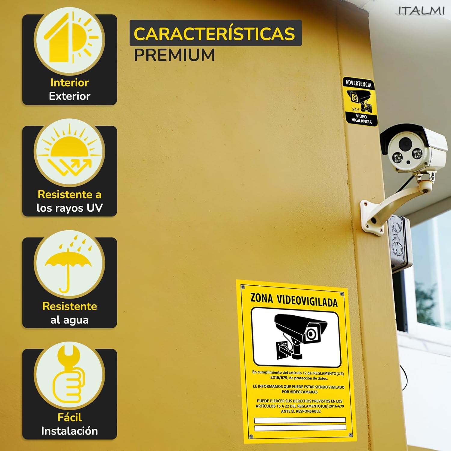 Imagen del producto - ITALMI® Set Cartel Videovigilancia de PVC + Adhesivo | Placa zona videovigilada 20x15 cm + adhesivo pequeño para añadir una seguridad extra. (1)