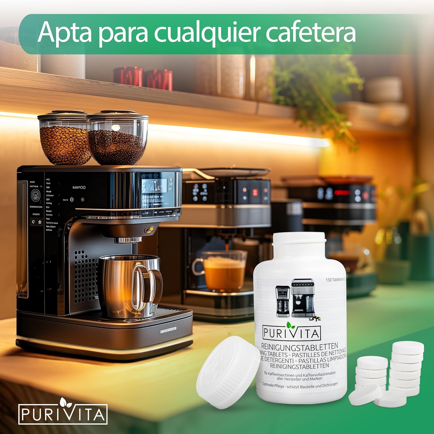 Imagen del producto - PURIVITA - Pastillas Limpia Cafetera - cápsulas y normales como Senseo, Siemens, Tassimo, Nespresso,etc. – 30/100/150 pastillas de 1,3g cada una - Pastillas Limpieza Cafetera - producto alemán