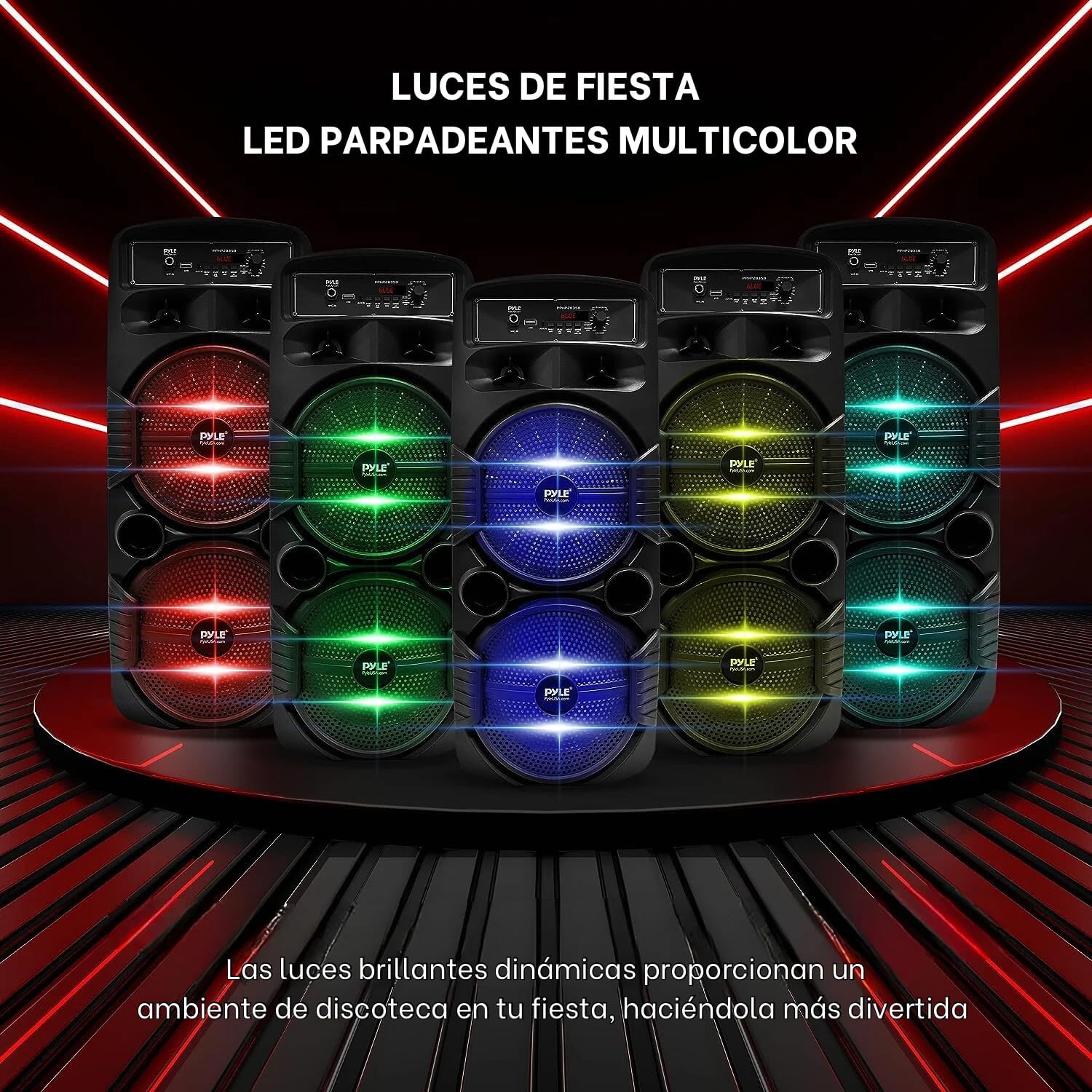 Imagen del producto - Pyle sistema de altavoces, PA, 600W, Bluetooth, Portatil, Recargable, Interiores, Exteriores, Subwoofer de 8”, Tweeter de 1”, función de grabación, micrófono, luces de fiesta, Radio USB/SD, Negro