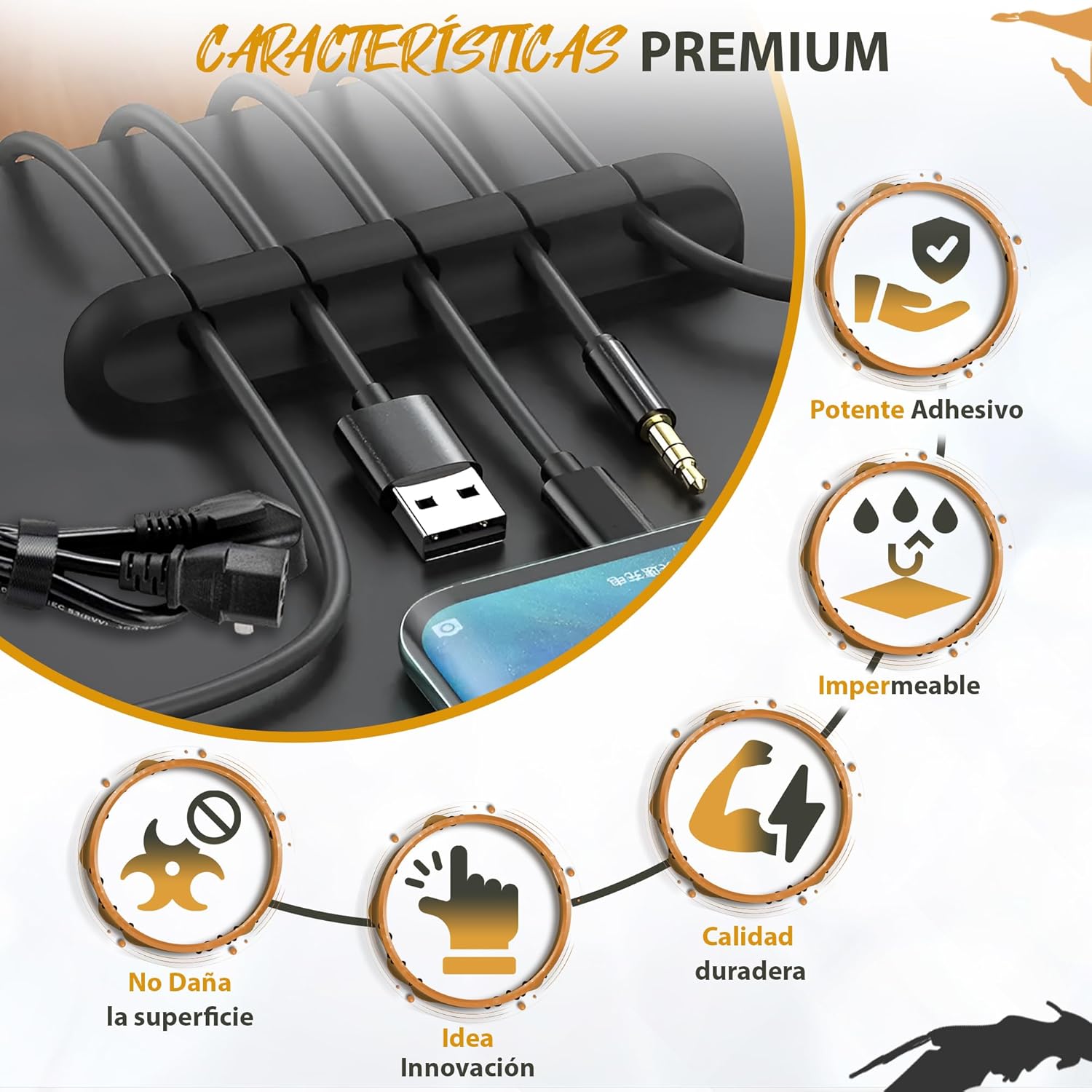 Imagen del producto - AG LogiShop Set 3 Organizador de Cables Escritorio + 10 Bridas Reutilizables | Sujeta Cables Adhesivo para Ordenar Cables en Oficinas y Hogares (Negro)