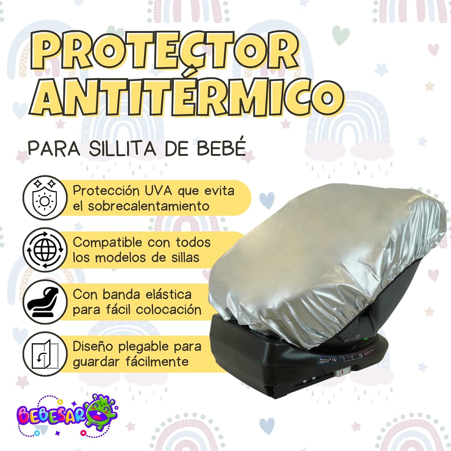 Imagen del producto - Bebesar® Funda Antitérmica para Silla de Coche Bebé - Funda Universal Compatible con Todas Las Sillas - Funda Anti-UV para Grupos 0 1 2 3 (Universal)