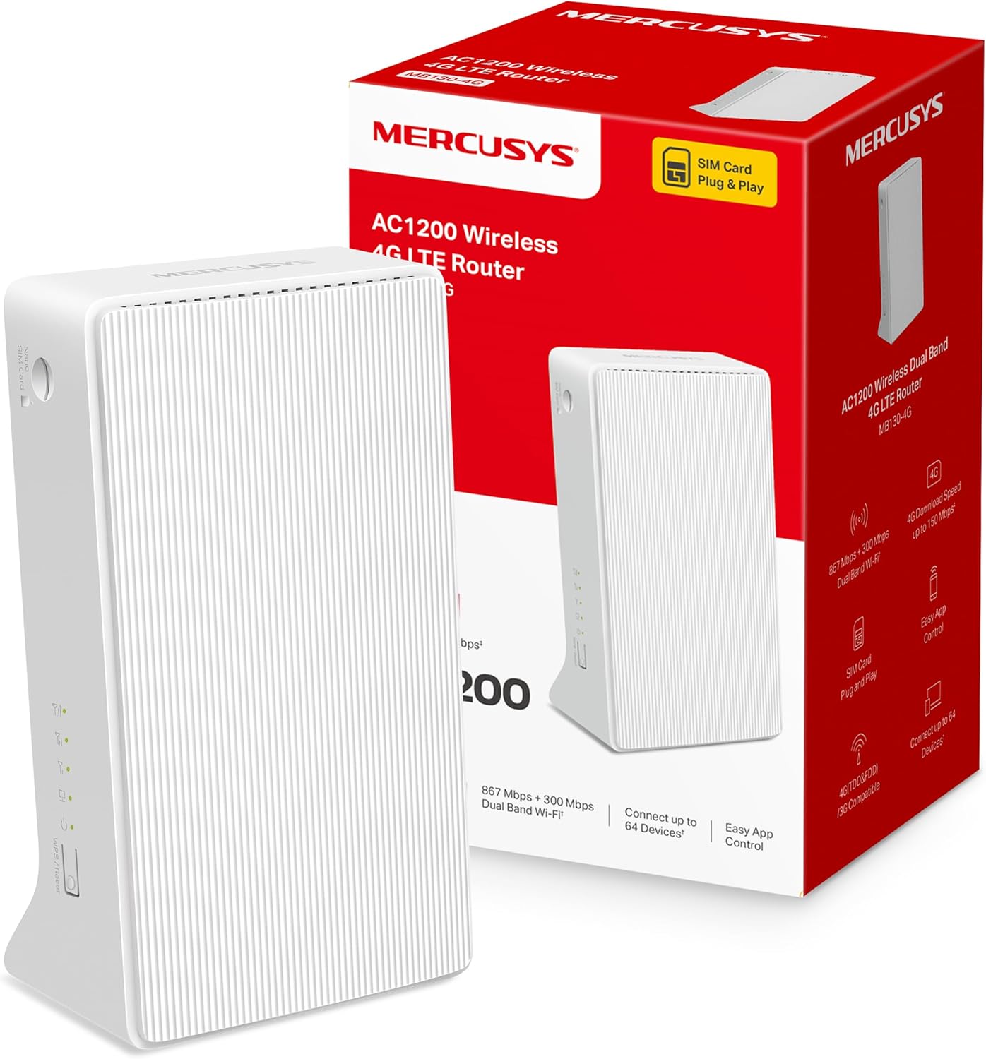 [Nuevo 2024] Mercusys MB130-4G - Router 4G SIM, LTE CAT4, Wi-Fi AC1200, Compatible con Todos los Operadores