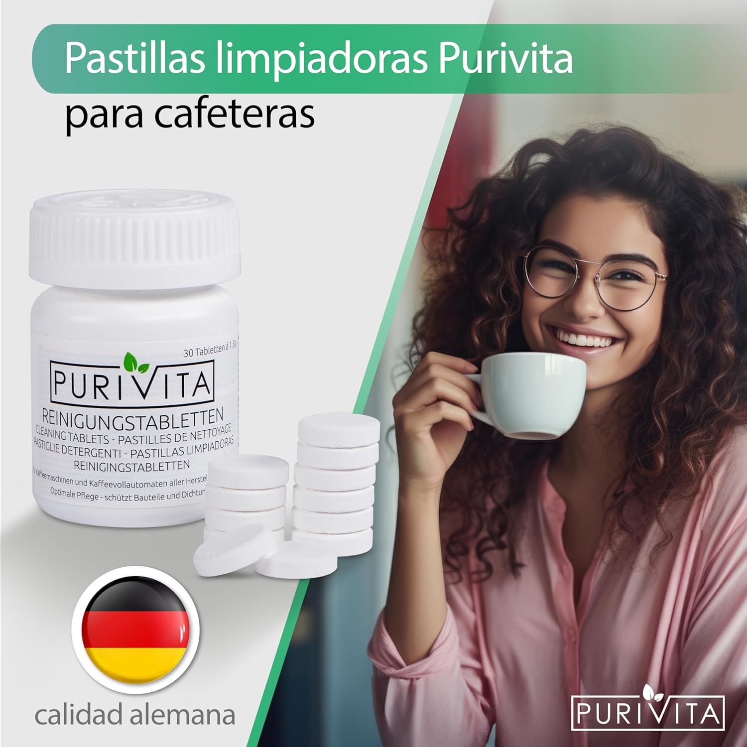 Imagen del producto - PURIVITA - Pastillas Limpia Cafetera - cápsulas y normales como Senseo, Siemens, Tassimo, Nespresso,etc. – 30/100/150 pastillas de 1,3g cada una - Pastillas Limpieza Cafetera - producto alemán