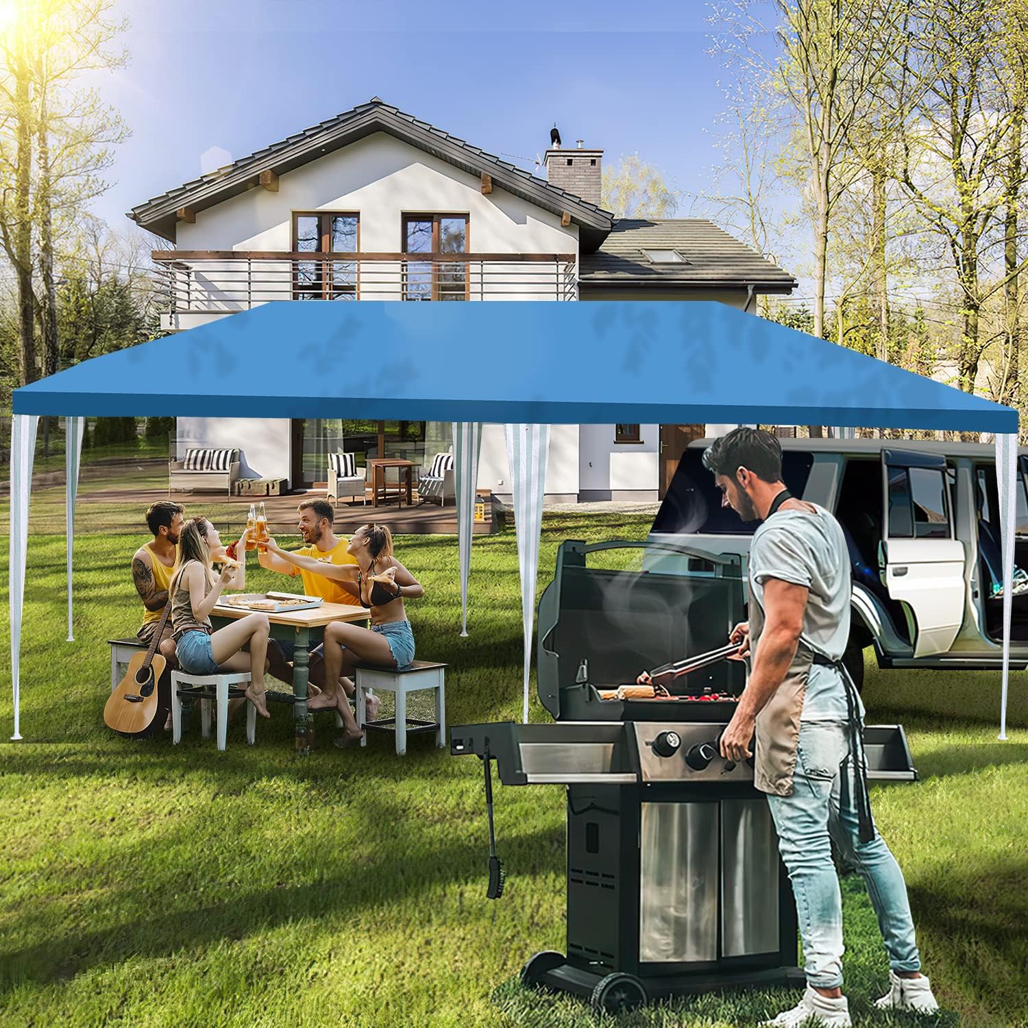 Imagen del producto - Izrielar Cenador de jardín impermeable de 3 x 6 m, con paneles laterales y ventanas, carpa para fiestas, puestos de mercado, festivales, mercadillos y camping, color azul