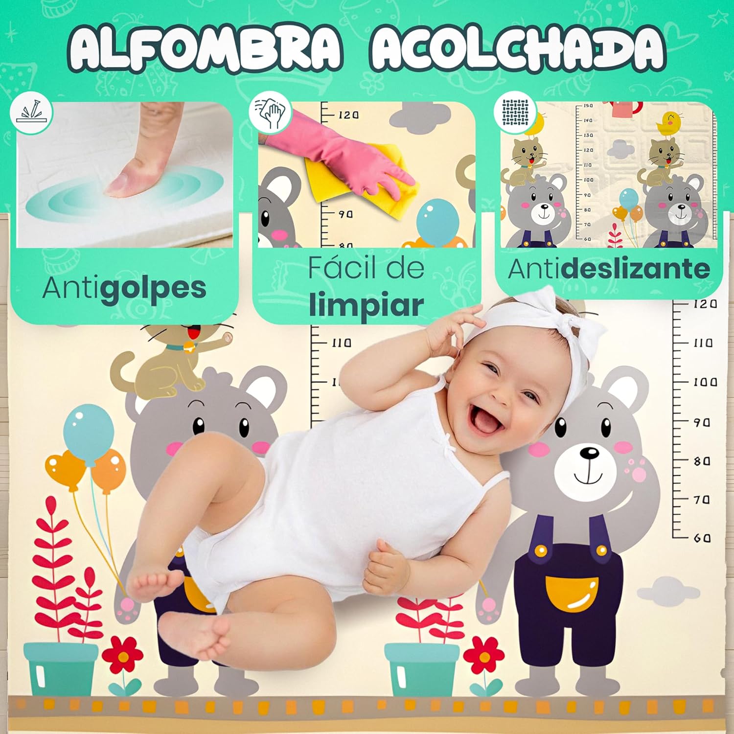 Imagen del producto - Babybaipro - Alfombra Bebe Acolchada Plegable 200x180x1 cm, Colchoneta infantil reversible XPE, Impermeable, no tóxica tapete juegos actividades regalo niña-niño cumpleaños navidad Baby PlayMat