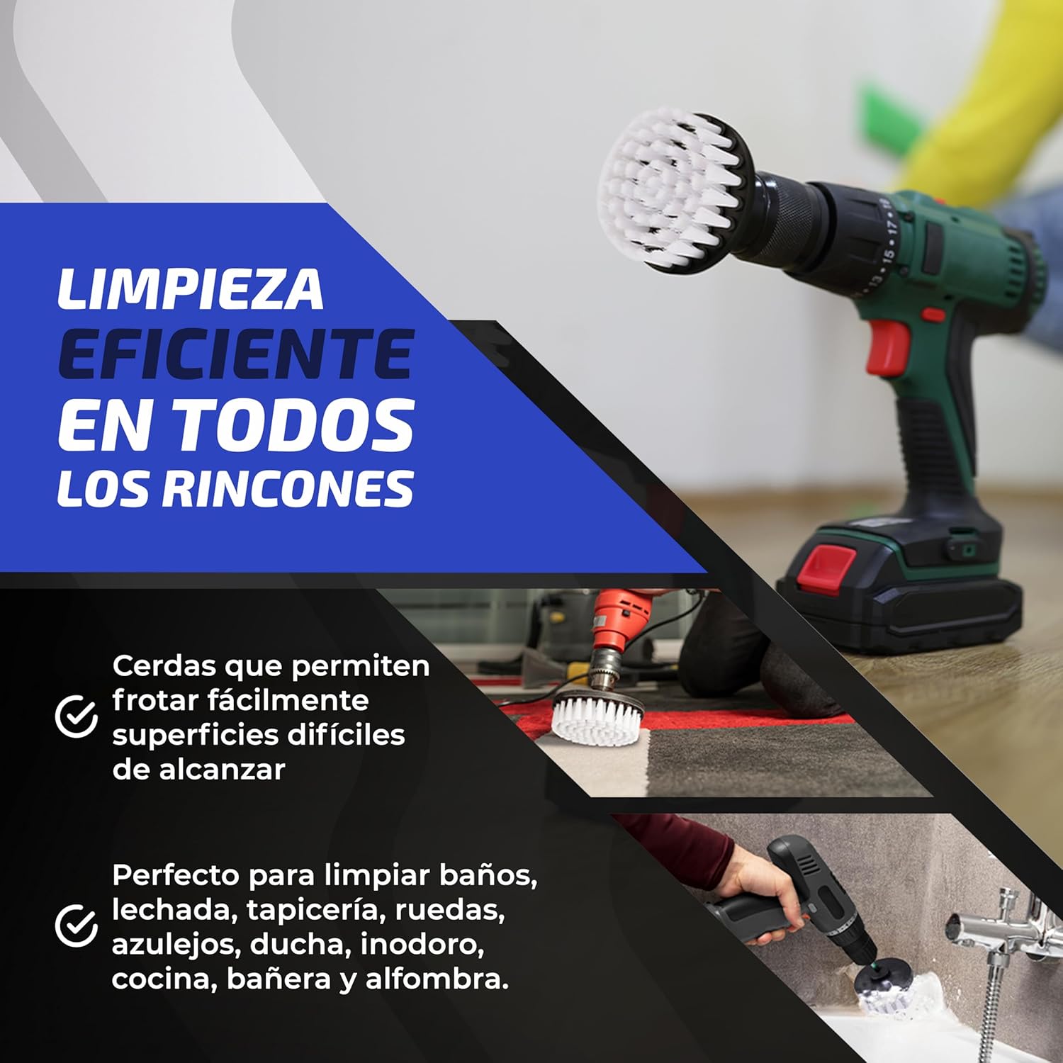 Imagen del producto - Cepillo Taladro, para Limpieza Multifuncional, Cepillo para Taladro Limpieza para Coche, Tapicería y Más. Drill Brush Attachment - Cepillo Taladro Tapicería, Llantas, Alfombras y Otras Superficies