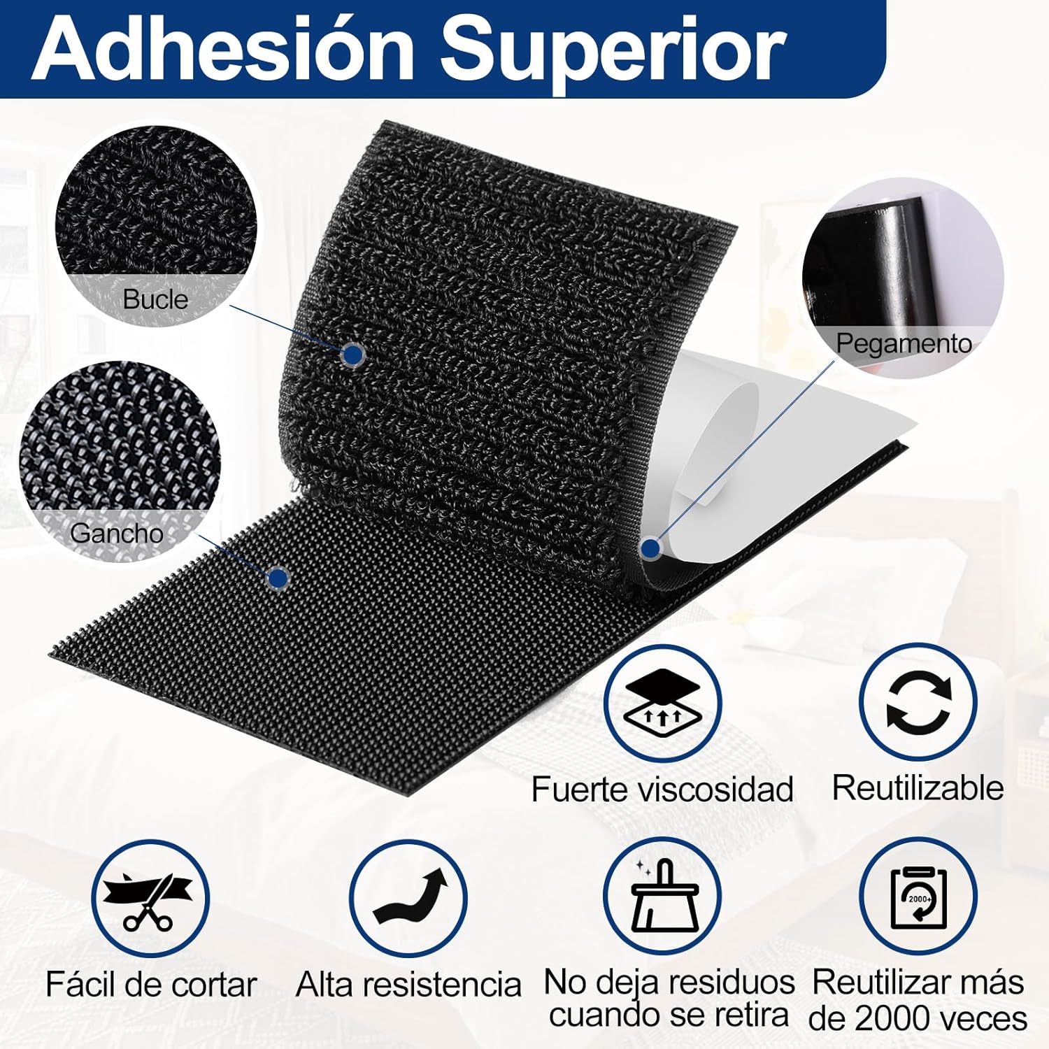 AOLLEN - 10 Piezas de Velcro Adhesivo Doble Cara Fuerte (50mm x 100mm) - Perfecto para Mosquiteras, Paredes, Puertas, Metal y Vidrio (Negro)