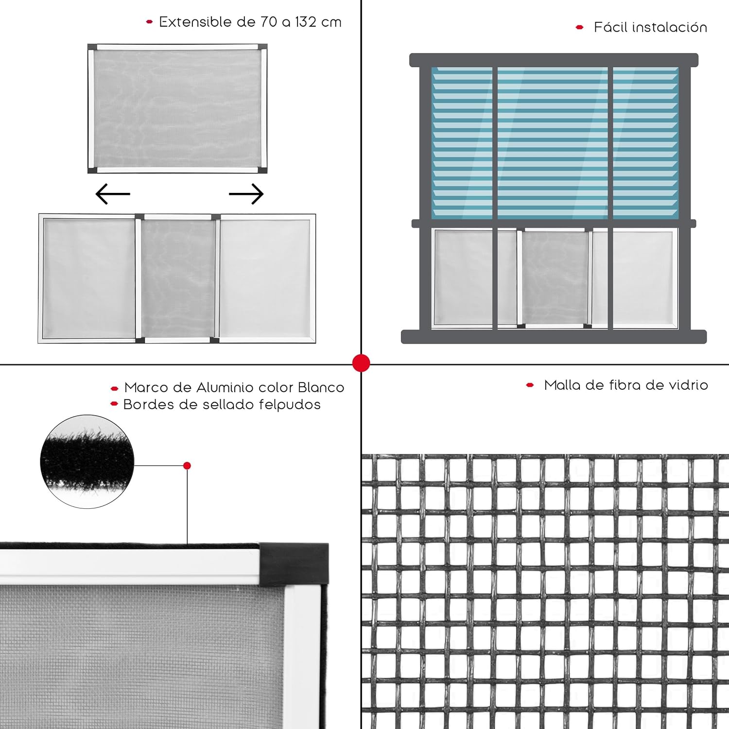 Imagen del producto - TIENDA EURASIA – Mosquitera Extensible para Ventanas | Bordes de Sellado Felpudos | Marco de Aluminio | Mosquitera Extensible | Color Blanco | Malla de Fibra de Vidrio (70-132 cm)