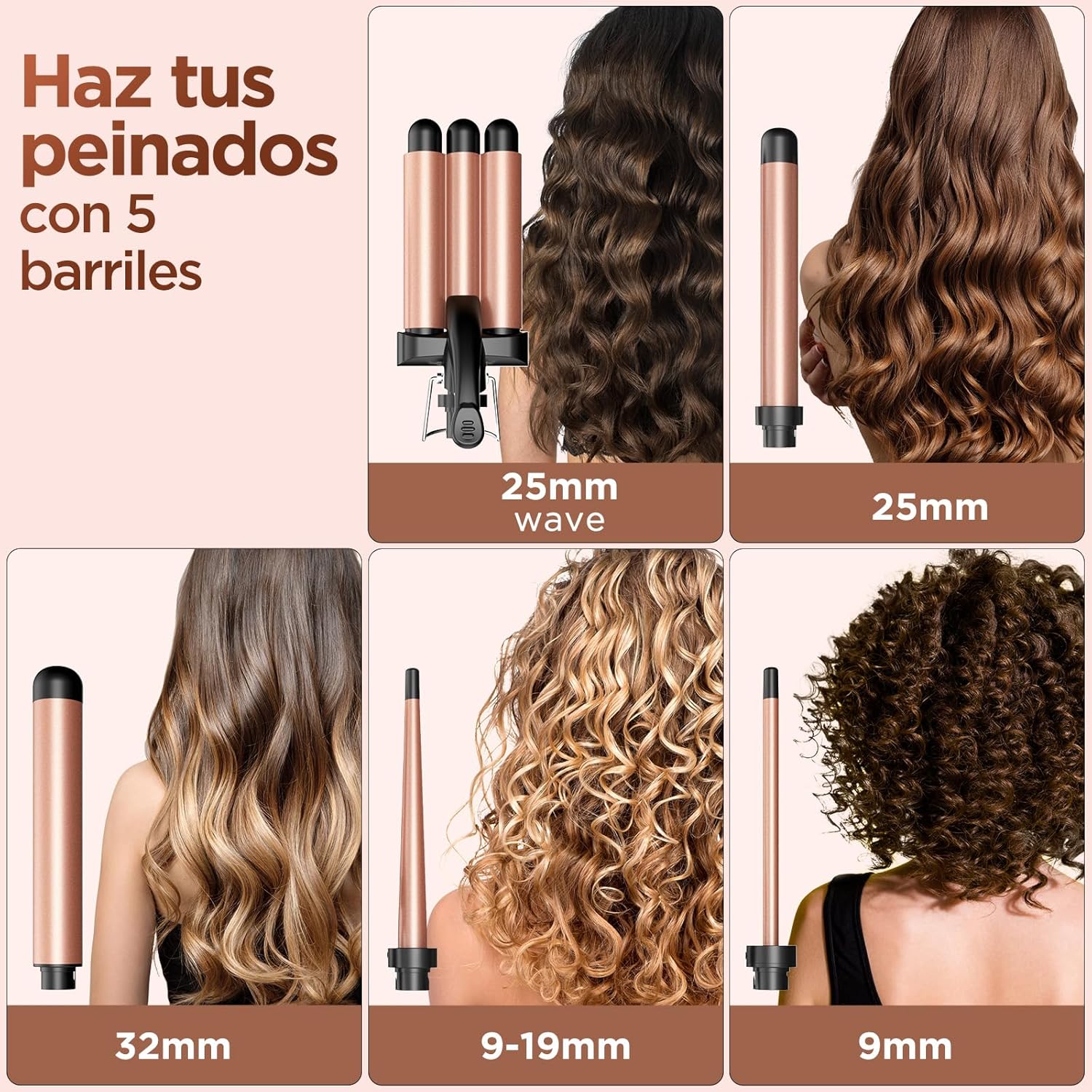 Imagen del producto - BESTOPE MIX Rizador Pelo Ondas Plancha Ondas, [5 en 1] Rizador de Pelo con Temperatura Regulable, Cerámica Ondulador de Pelo Calentamiento Rápido Pinzas Rizadoras 3 Barriles con Barras Recambiable