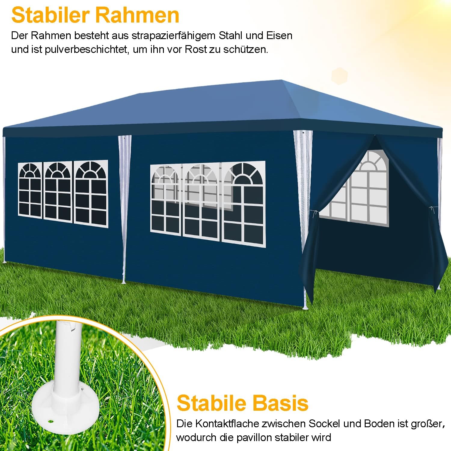 Imagen del producto - Izrielar Cenador de jardín impermeable de 3 x 6 m, con paneles laterales y ventanas, carpa para fiestas, puestos de mercado, festivales, mercadillos y camping, color azul