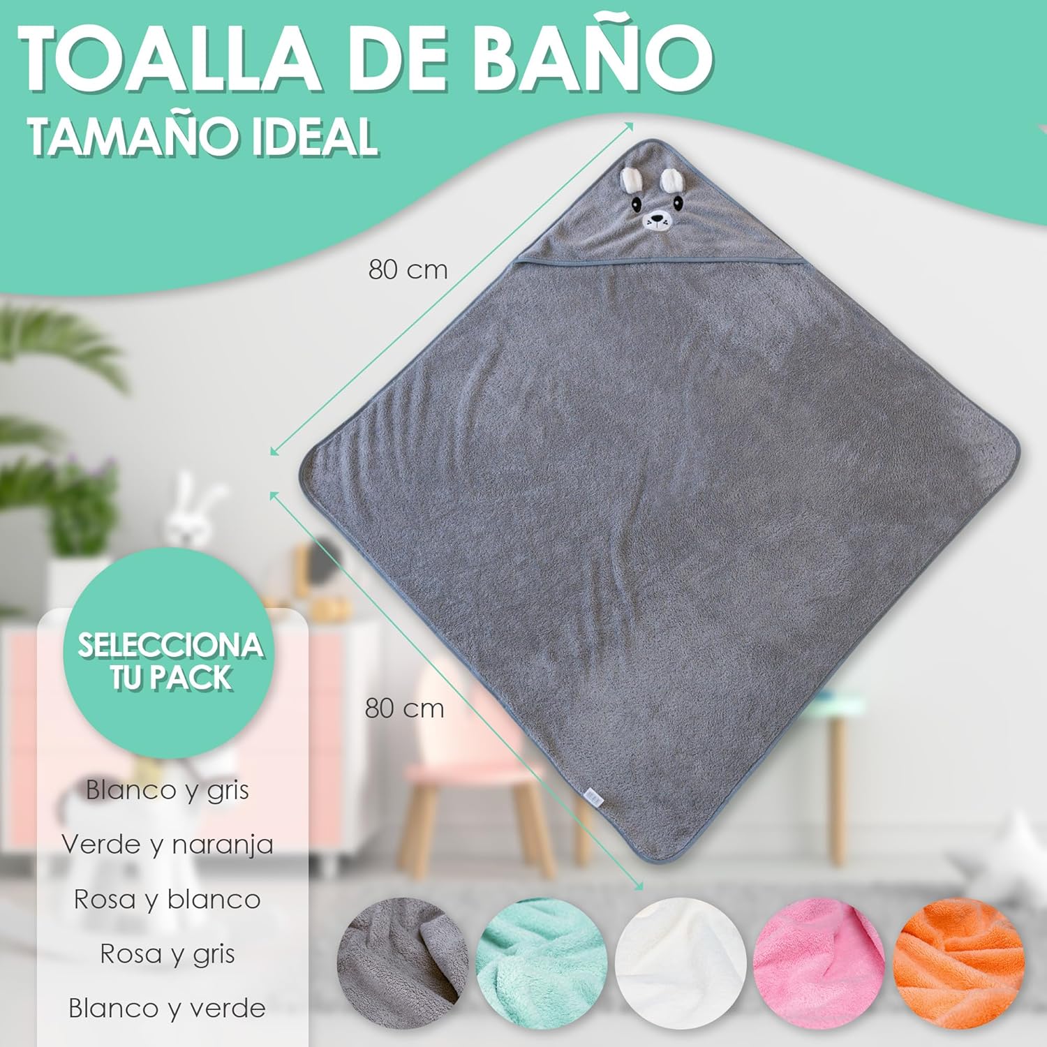 Imagen del producto - 2 Unidades Toalla bebe - Regalo bebe recien nacido niño - Toallas bebe con capucha de animales 0-3 años - Albornoz bebe baño - Capa de baño bebe - Regalos para bebes recién nacidos (Turquesa / Salmon)