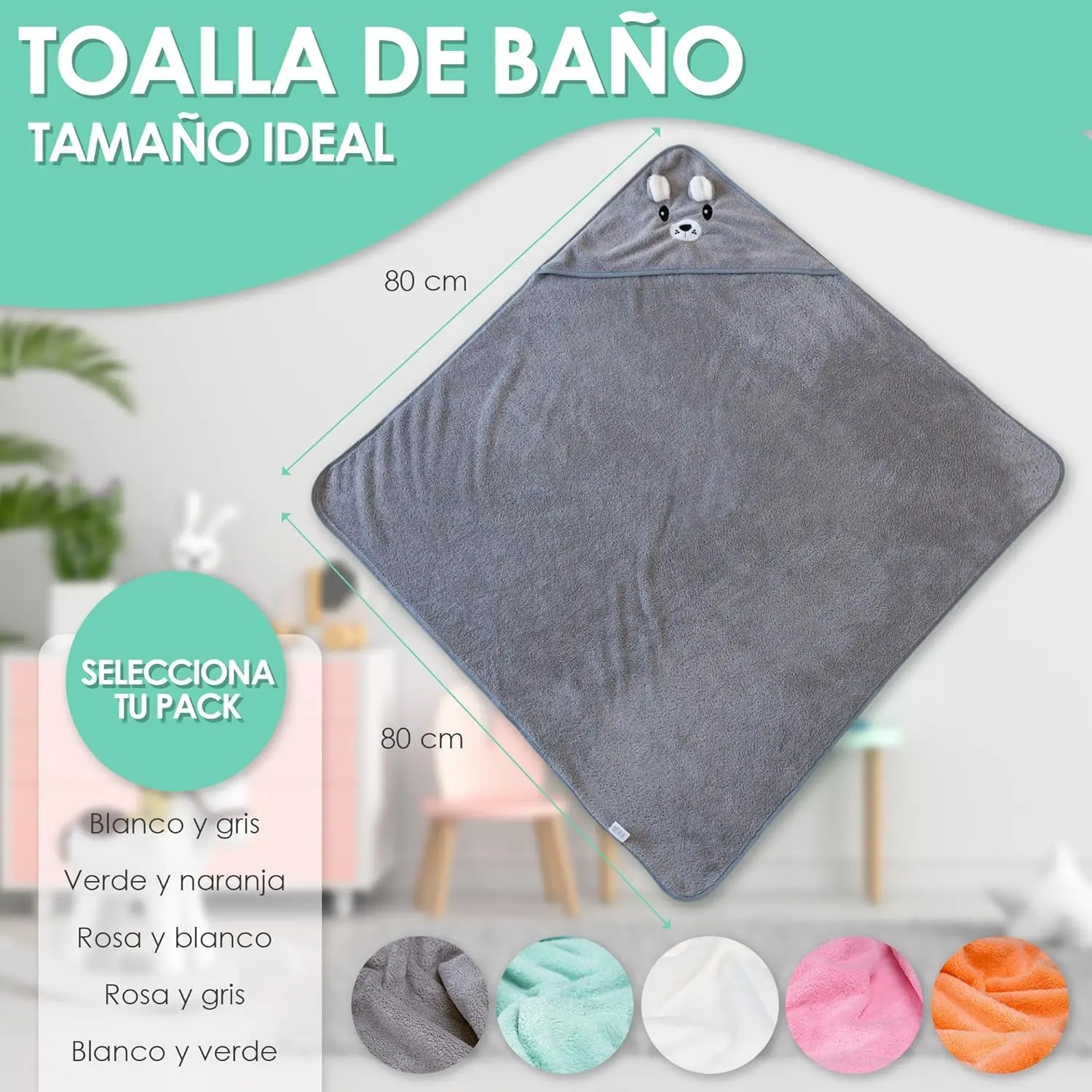 Imagen del producto - 2 Unidades Toalla bebe - Regalo bebe recien nacido niño - Toallas bebe con capucha de animales 0-3 años - Albornoz bebe baño - Capa de baño bebe - Regalos para bebes recién nacidos (Blanco / Turquesa)