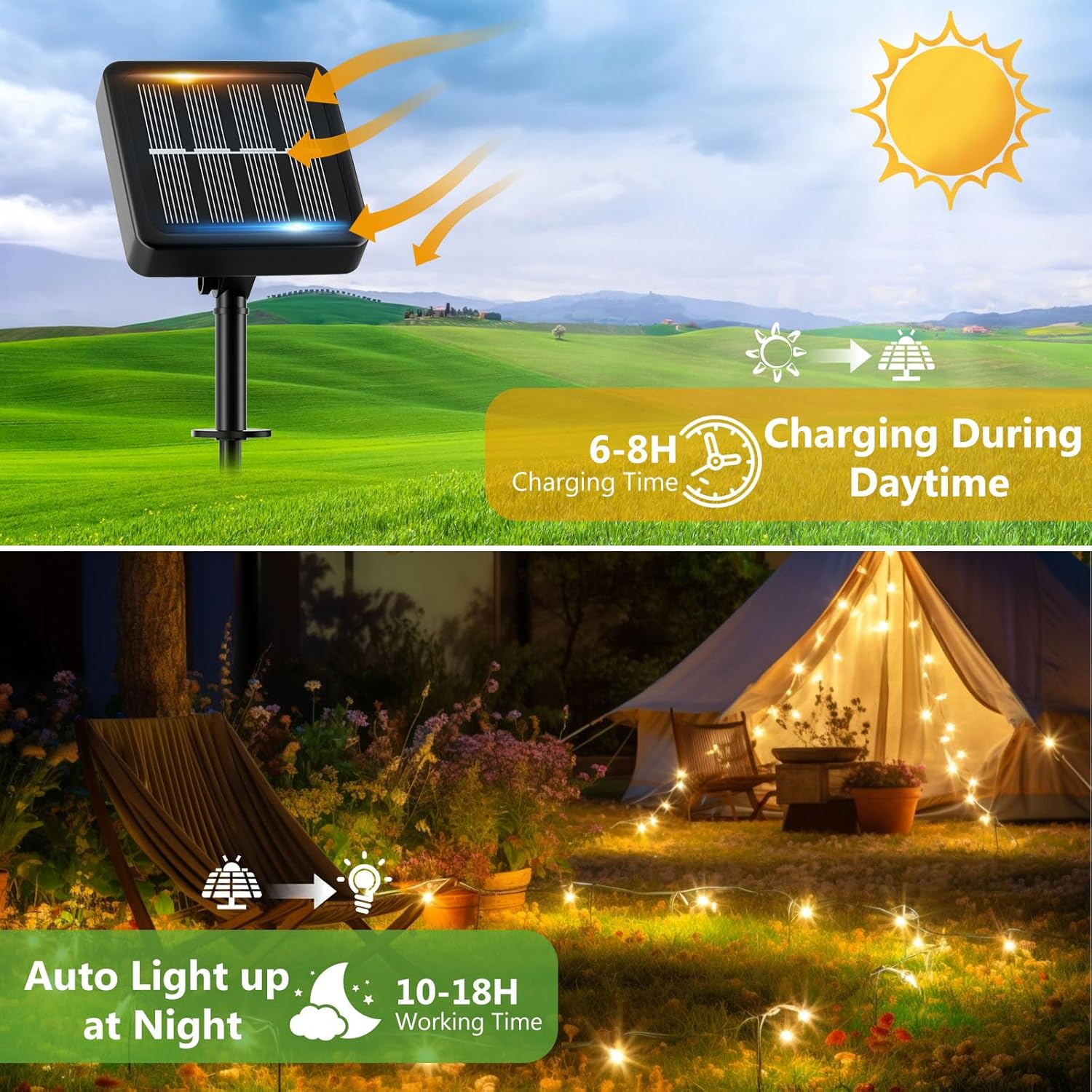 Imagen del producto - Guirnalda Luces Exterior Solar - 3 x 12M 120 LED Guirnaldas Luces Solares Exterior IP65 Impermeable Blanco Cálido 8 Modos Luces Solares LED Exterior Interior Jardin Terraza Bodas Fiestas Festivales