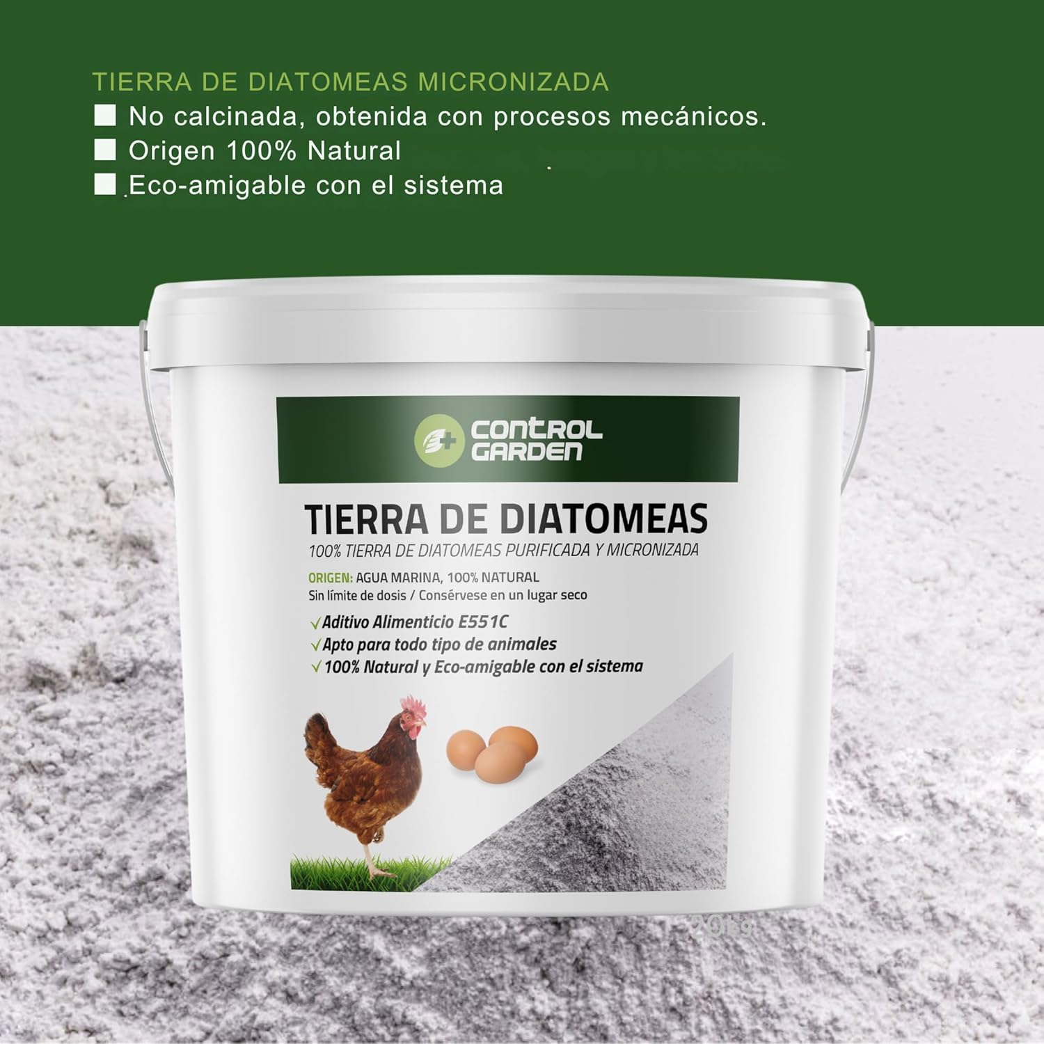 Imagen del producto - CONTROL GARDEN Tierra de Diatomeas Micronizada Sin Aditivos 5KG | Fertilizante 100% Ecológico No Calcinado | Aditivo Alimenticio E-551C para Piensos Animales | Fabricado en España