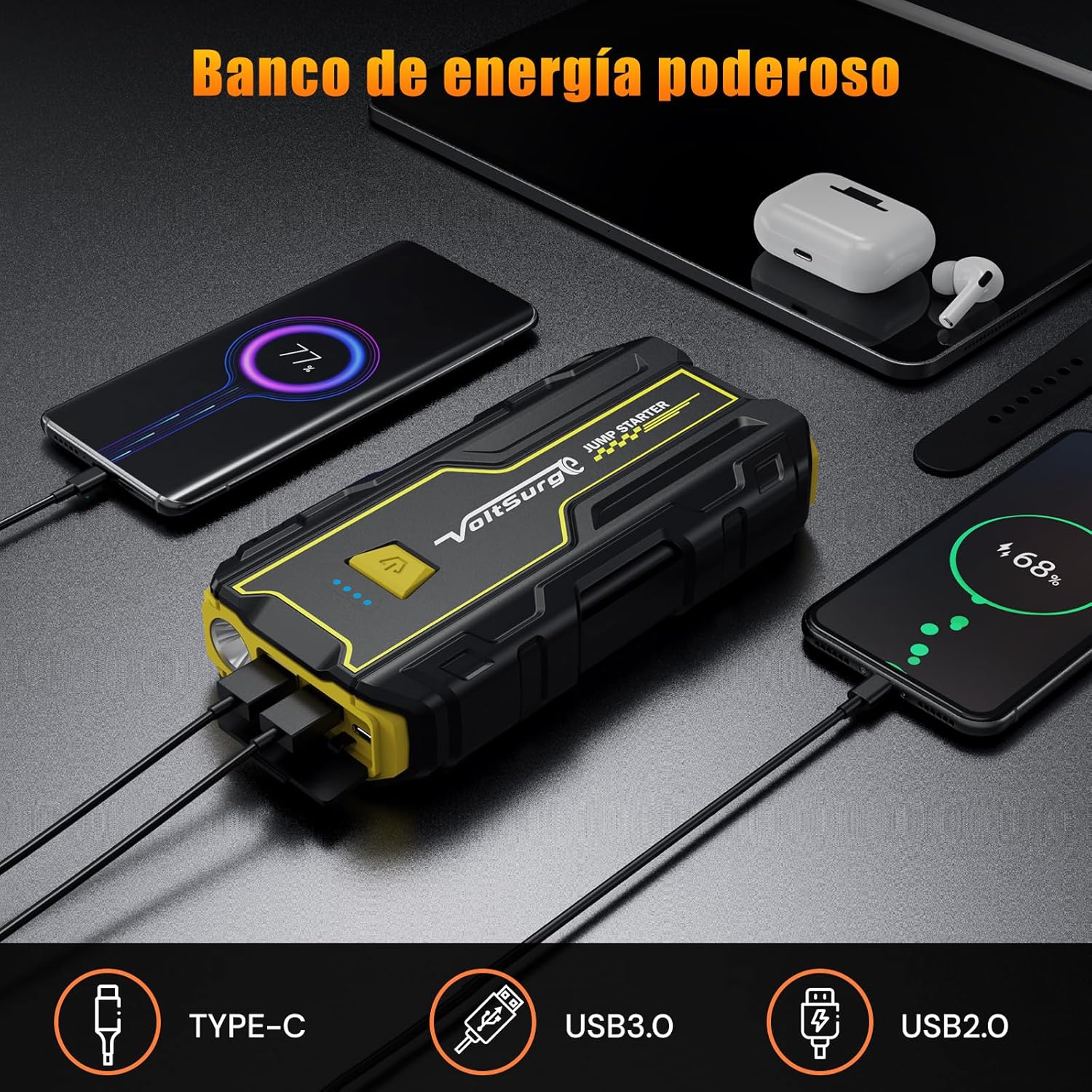 Imagen del producto - VoltSurge Arrancador de Coches,2000A Arrancador de Baterias de Coche (para 7L Gasolina o 5.5L Diesel),con Dos Salidas