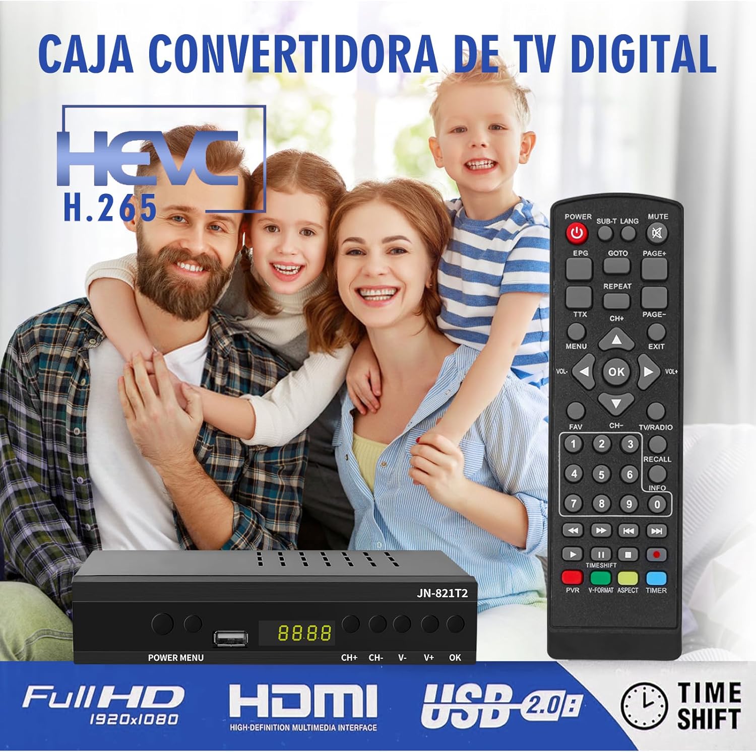 Imagen del producto - Decodificador TDT HD - DVB-T T2 H.265 HEVC Full HD PVR, USB, HDMI, SCART,Sintonizador de televisión Digital Terrestre, decodificador terrestre, Receptor Digital de Alta definición Full HD 1080p