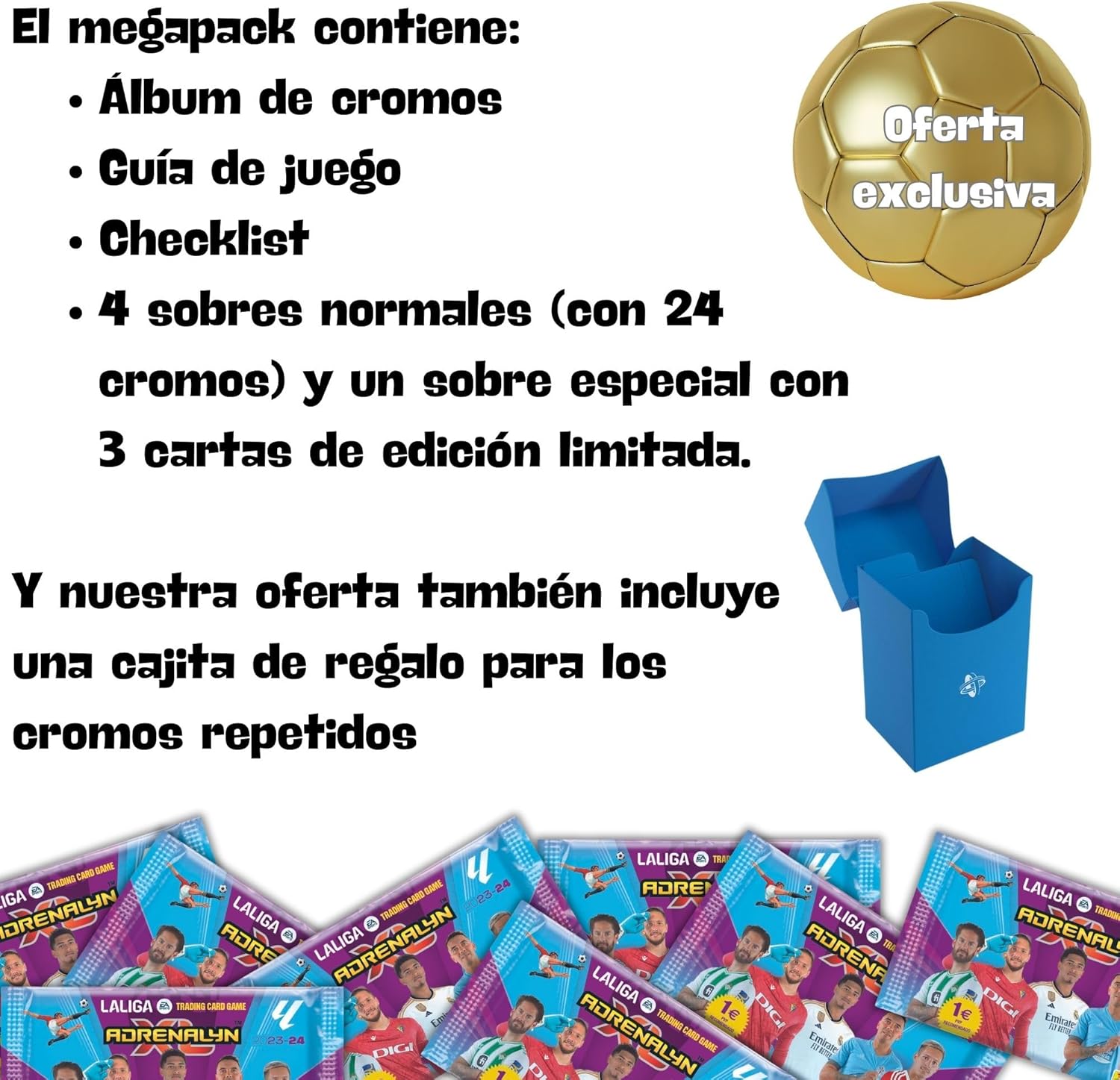 Imagen del producto - Megapack Adrenalyn 2023 2024 - Cromos futbol Panini con sobres de cartas adicionales - Regalo caja para repetidas - Adrenalyn xl liga santander 2023 2024 (Megapack + cajita regalo)