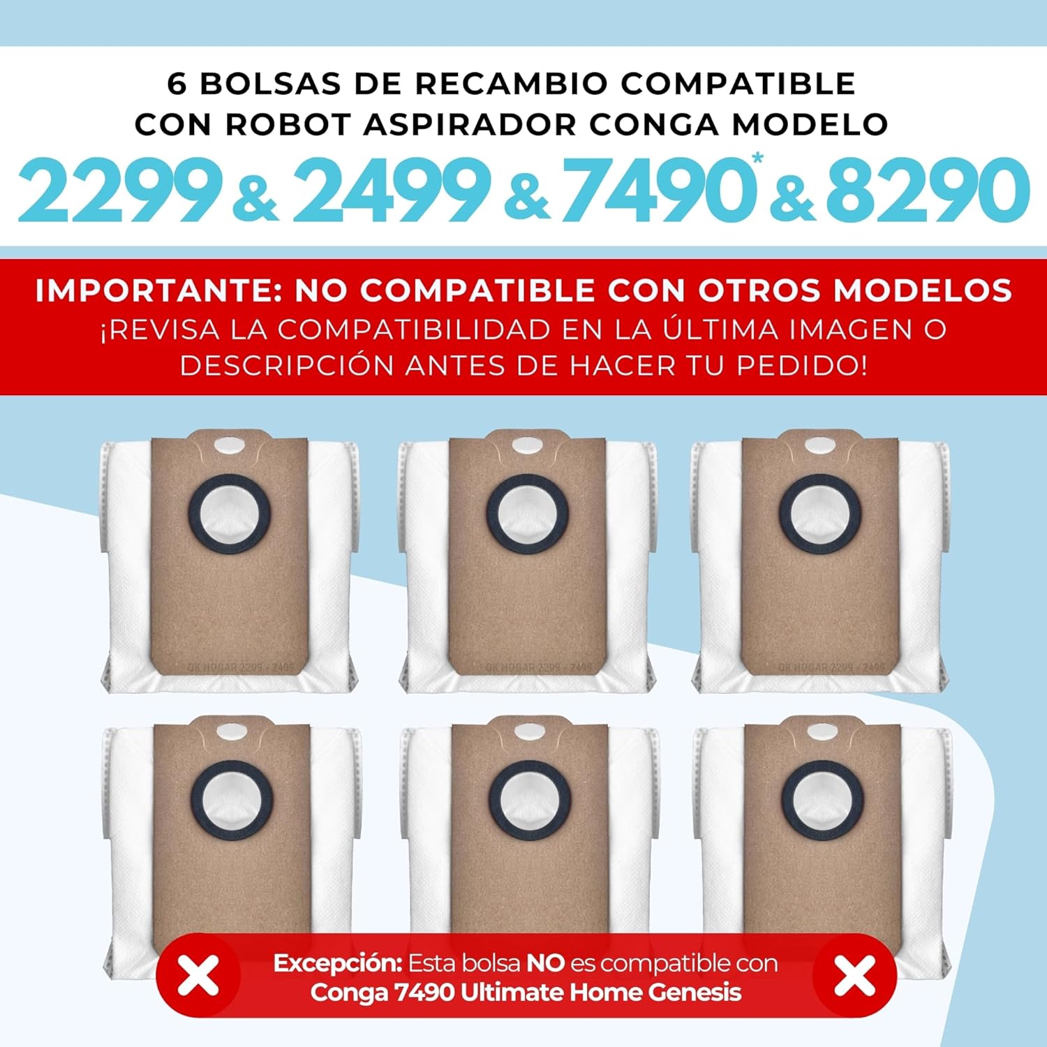 Imagen del producto - 6 Bolsas de recambio Conga 2299-2499-7490-8290 genérico compatible con Aspirador Conga 2299, Aspirador Conga 2499, Aspirador Conga 7490, Aspirador Conga 8290. Repuesto compatible