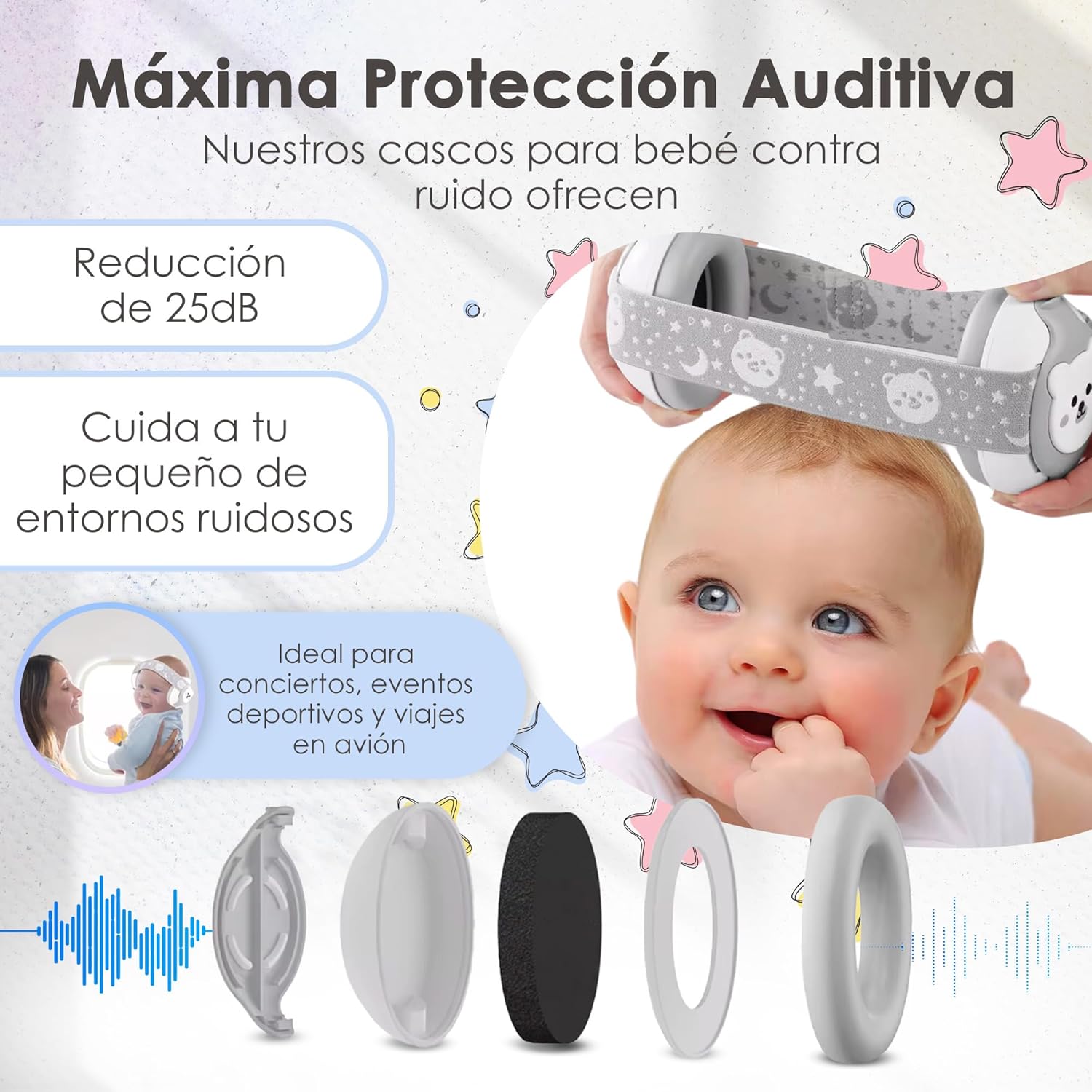 Imagen del producto - Cascos para bebé antiruido - Auriculares anti ruido para niños - Protector auditivo bebé 0 y 36 meses no ruido - Cascos para niños insonorizados - Auriculares con cancelación de ruido para bebés